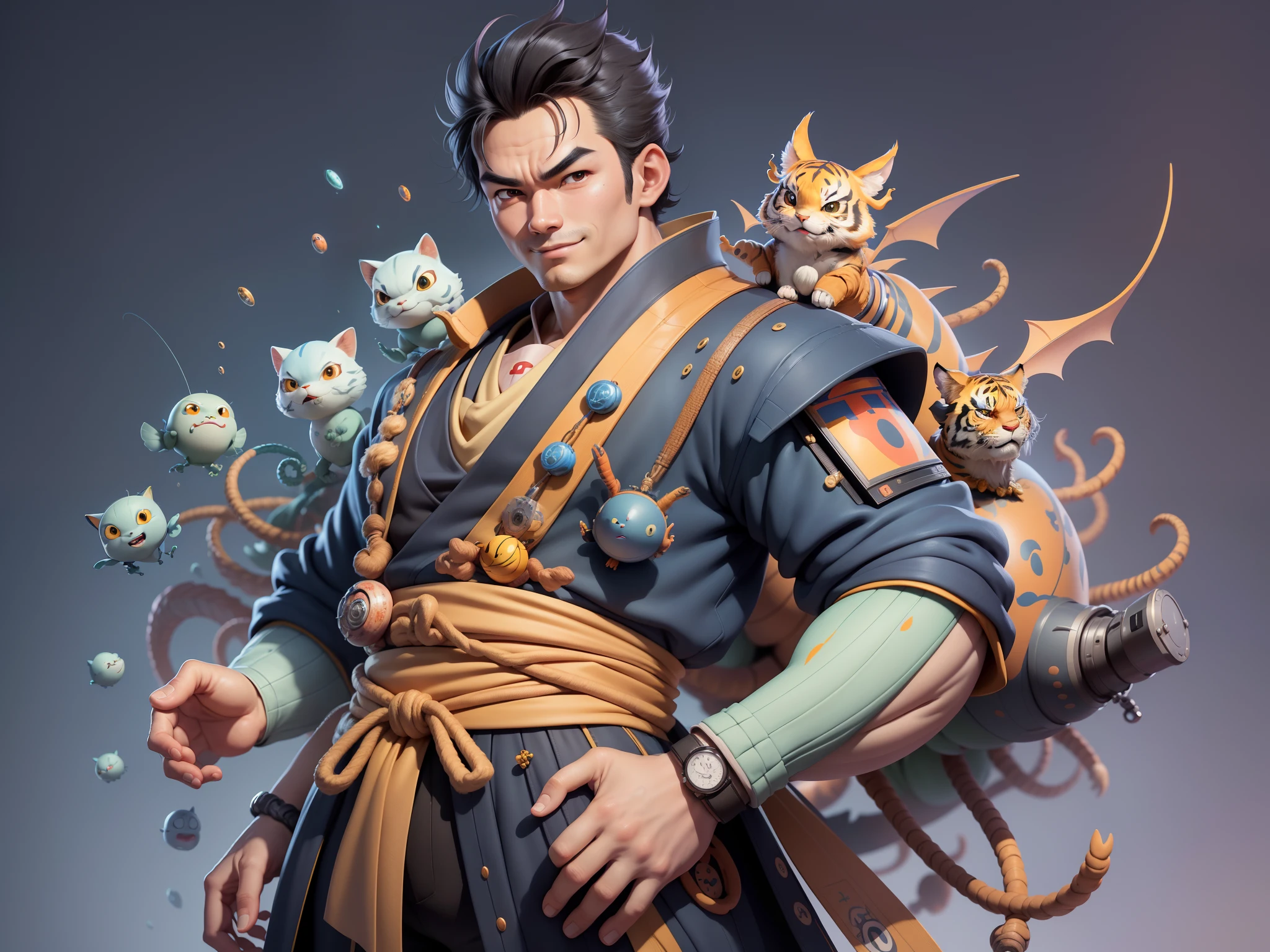 (Masterpiece), (Excellent), (Super Meticulous), (Full Body: 1.2), Super Young Man, Oriental Face, Japanese Kimono, Japanese Wind Thunder God, Dragon, Tiger, TV Anchor, Bust Portrait Illustration, Alone, Black Suit, Blue Tie, Slightly Chubby Face, Very Clean Face, No Beard, Black Super Short Hair, Black Eyes, Confident Smile, 3c Computer Sub-Products, iPad, iPhone, Digital Painting, 3D Character Design by Akira Toriyama and Mark Claireden and Pixar and Hayao Miyazaki, The illustration is a high-definition illustration in 4K resolution with very detailed facial features and cartoon-style visuals.