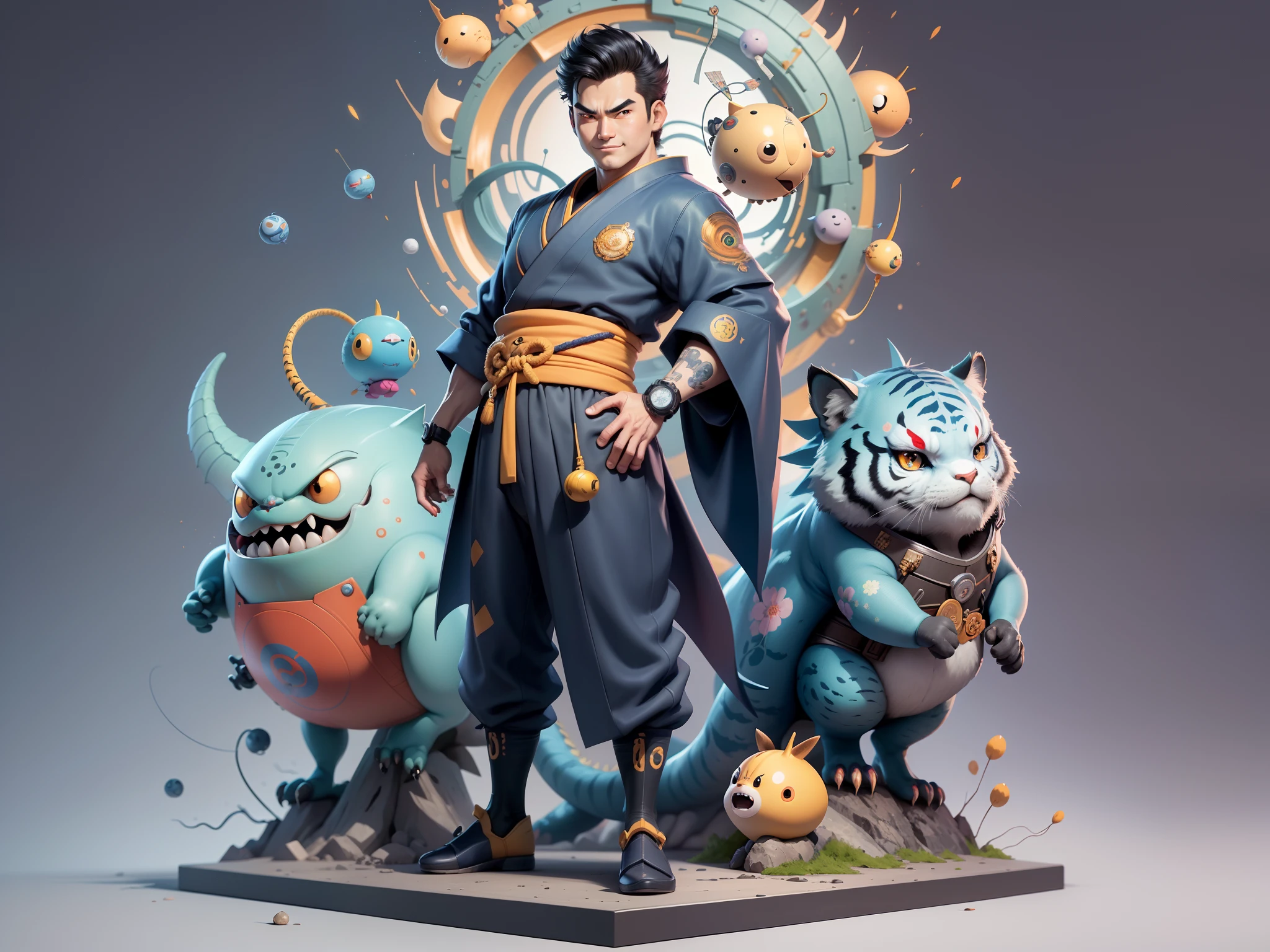 (Masterpiece), (Excellent), (Super Meticulous), (Full Body: 1.2), Super Young Man, Oriental Face, Japanese Kimono, Japanese Wind Thunder God, Dragon, Tiger, TV Anchor, Bust Portrait Illustration, Alone, Black Suit, Blue Tie, Slightly Chubby Face, Very Clean Face, No Beard, Black Super Short Hair, Black Eyes, Confident Smile, 3c Computer Sub-Products, iPad, iPhone, Digital Painting, 3D Character Design by Akira Toriyama and Mark Claireden and Pixar and Hayao Miyazaki, The illustration is a high-definition illustration in 4K resolution with very detailed facial features and cartoon-style visuals.