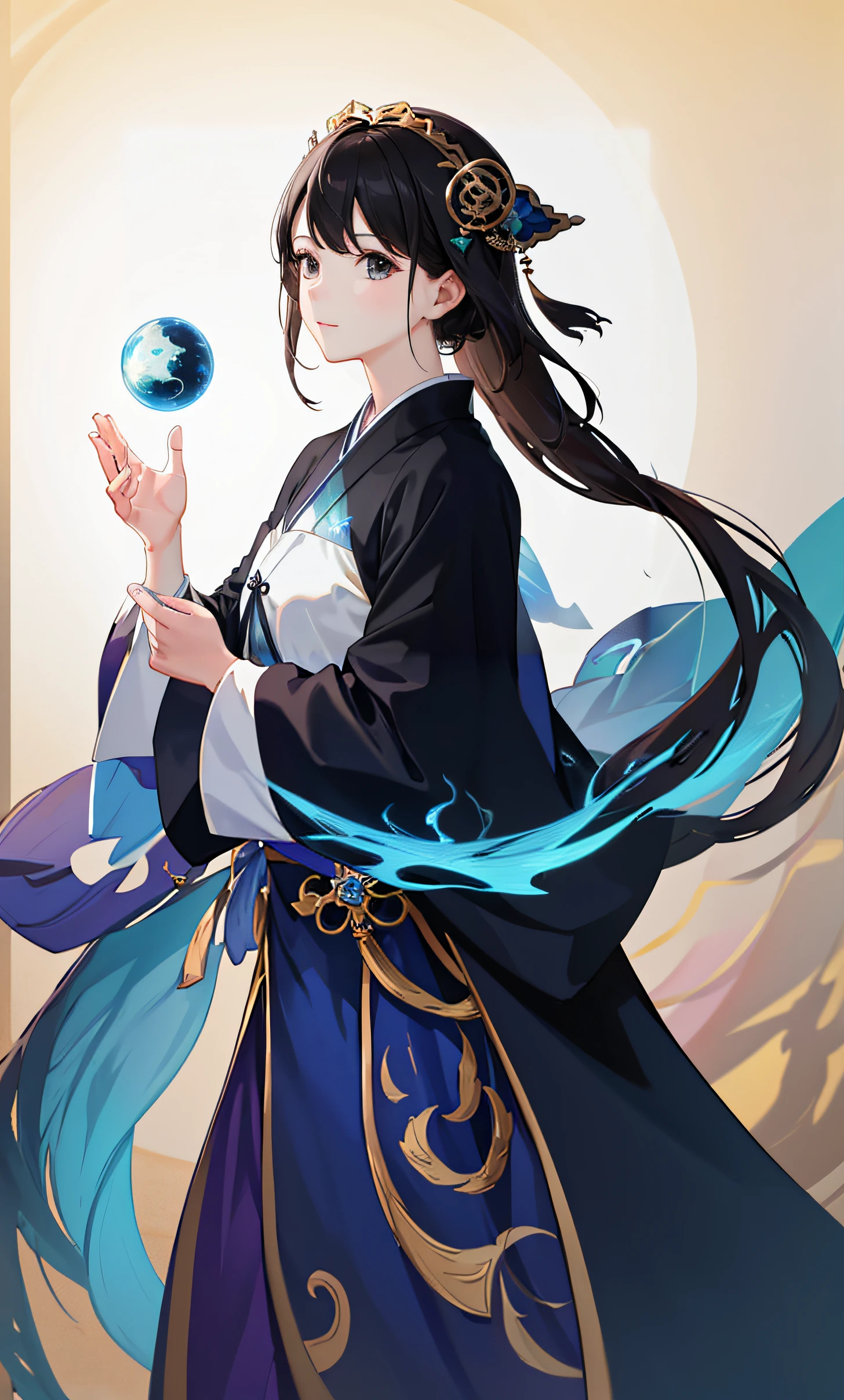 Anime girl holding a blue ball in her hand, Guviz, Guviz-style artwork, Palace ， A girl in Hanfu, Guweiz in Pixiv ArtStation, style of anime4 K, 4k manga wallpapers, Keqing from Genshin Impact, Digital anime illustration, Guweiz on ArtStation Pixiv, Beautiful celestial mage