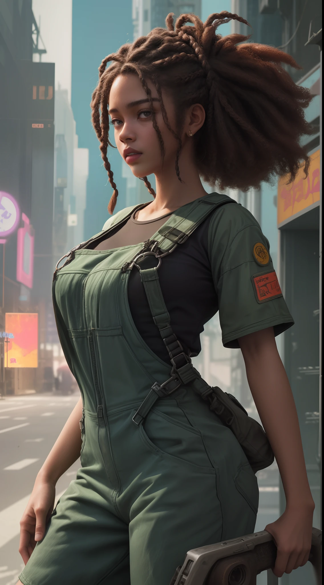 1 garota afro americana de perfil ,close up angle, braids of brown hair, Sexy short jumpsuit clothes, falling overalls,seios grandes ,fundo cyberpunk neon ,8K Ultra realista