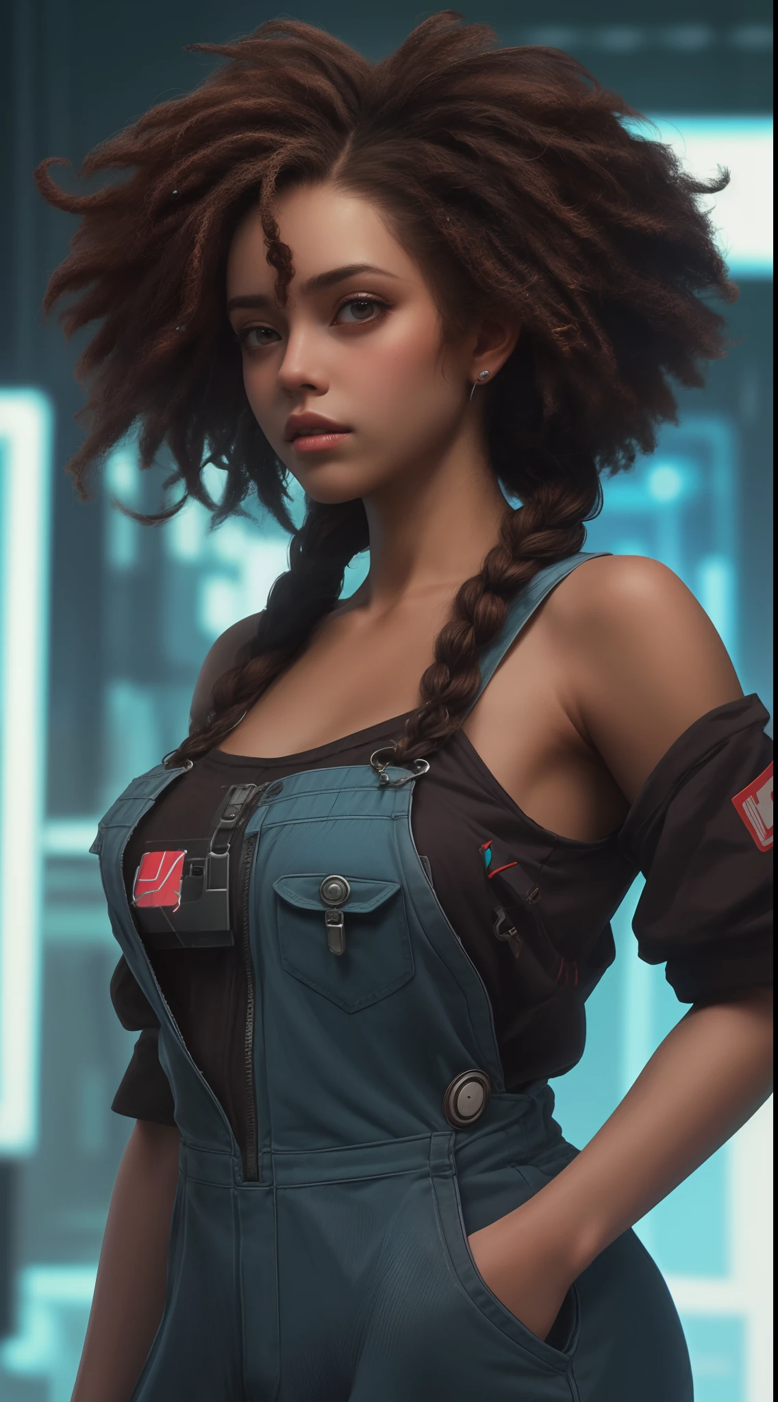1 garota afro americana de perfil ,close up angle, braids of brown hair, Sexy short jumpsuit clothes, falling overalls,seios grandes ,fundo cyberpunk neon ,8K Ultra realista