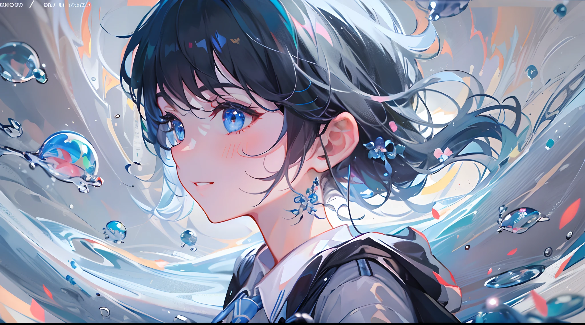 ((top-quality)), ((masterpiece)), ((ultra-detailliert)), (extremely delicate and beautiful), girl with, 独奏, cold attitude,((Black jacket)),She is very(relax)with the(Settled down)Looks,A dark-haired, depth of fields,evil smile,Bubble, under the water, Air bubble,bright light blue eyes,Inner color with black hair and light blue tips,Cold background,Bob Hair - Linear Art, shortpants、knee high socks、White uniform like school uniform、Light blue ribbon ties、Clothes are sheer、Hands in pockets、Ponytail hair