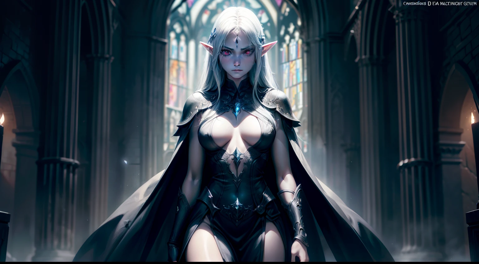 drow, 8k, ultra detailed, masterpiece, best quality, (extremely detailed), (female), (solo), (alone), (beauty), (graceful), (realistic), light particles, intricate, perfect lighting, cinematic lighting, cinematic light, ultra high res, 8k uhd, film grain, best shadow, delicate, RAW, detailed skin texture, detailed face, intricate details, ultra detailed, strong, complex, mysterious expression, long black cape, fantasy, half-elf, long white hair, red eyes, teen, teen body, thin body, dark souls, fire emblem, cathedral, colorful stained glass windows, alone in ruin, almost nude, (hiding breast with arm), (hiding boobs with arm), (hiding breast), (hiding boobs), (small boobs), looking the viewer, sulk a little, sunshine, colorfull raylight, standing