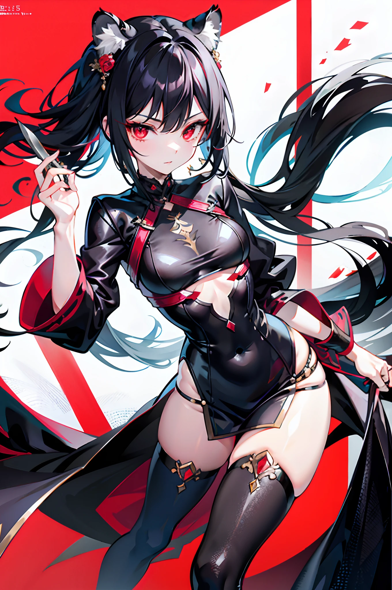 Seductive girl，long leges，blacksilk，Hold a long knife，Black hair and red eyes，Tiger Tooth，Clothing covers the upper part of the breast