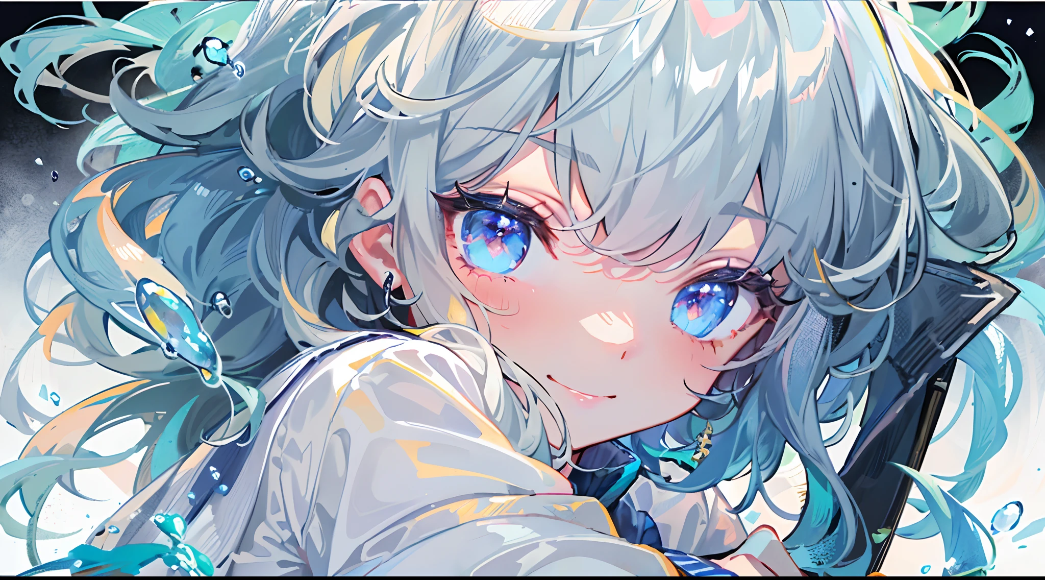 ((top-quality)), ((masterpiece)), ((ultra-detailliert)), (extremely delicate and beautiful), girl with, 独奏, cold attitude,((Black jacket)),She is very(relax)with the(Settled down)Looks,A dark-haired, depth of fields,evil smile,Bubble, under the water, Air bubble,bright light blue eyes,Inner color with black hair and light blue tips,Cold background,Bob Hair - Linear Art, shortpants、knee high socks、White uniform like school uniform、Light blue ribbon ties、Clothes are sheer、Hands in pockets