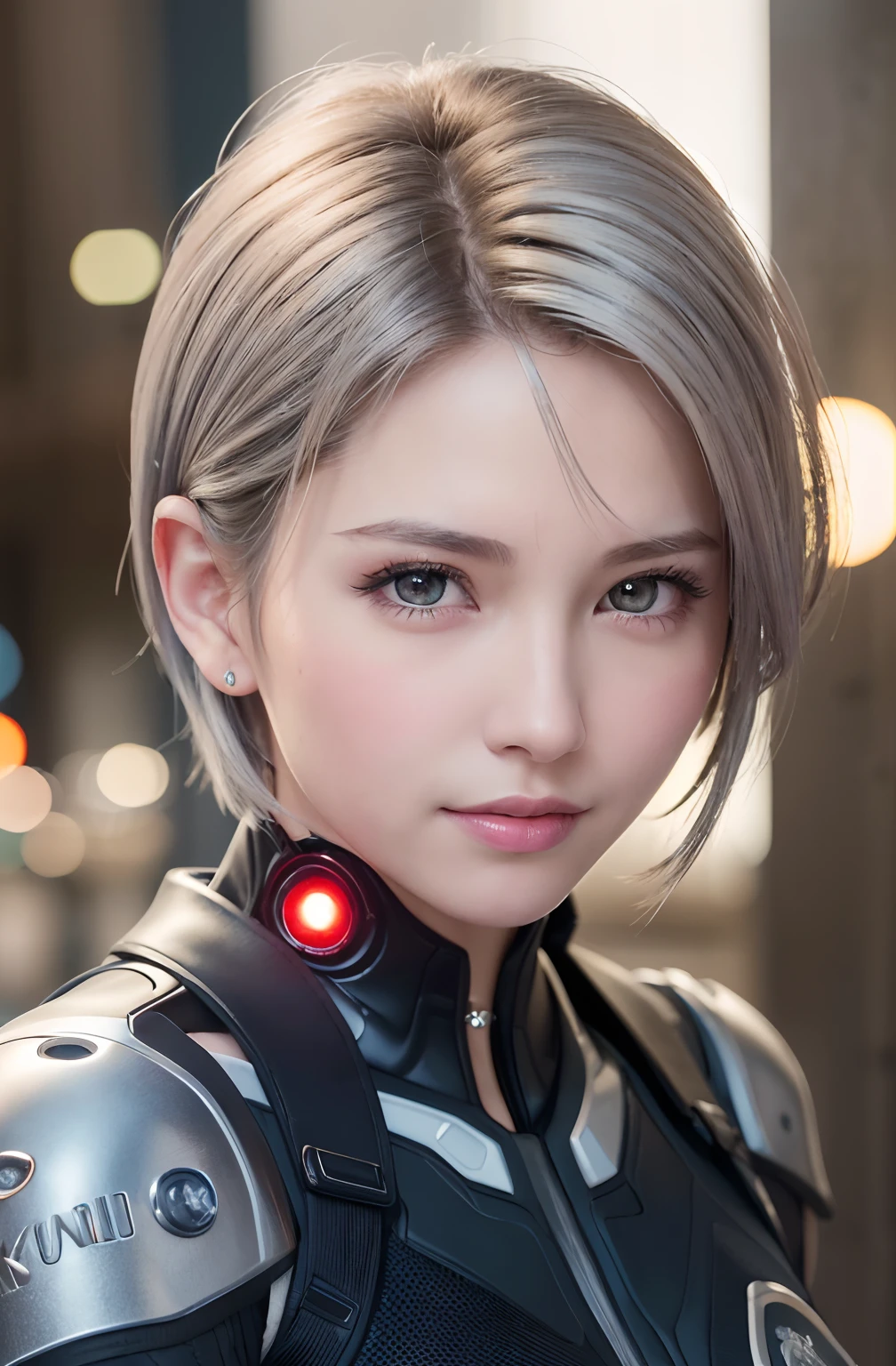 (8k, photorealistic, RAW photo, top quality: 1.4), (1girl), super beautiful, (realistic face), (boyish, silver-colored berry short hair), beautiful cyberpunk suit, glares seducing viewer, beautiful expression, beautiful breasts, (realistic skin), beautiful smile, (soldier), attractive, ultra high resolution, ultra realistic, high definition, spoiled