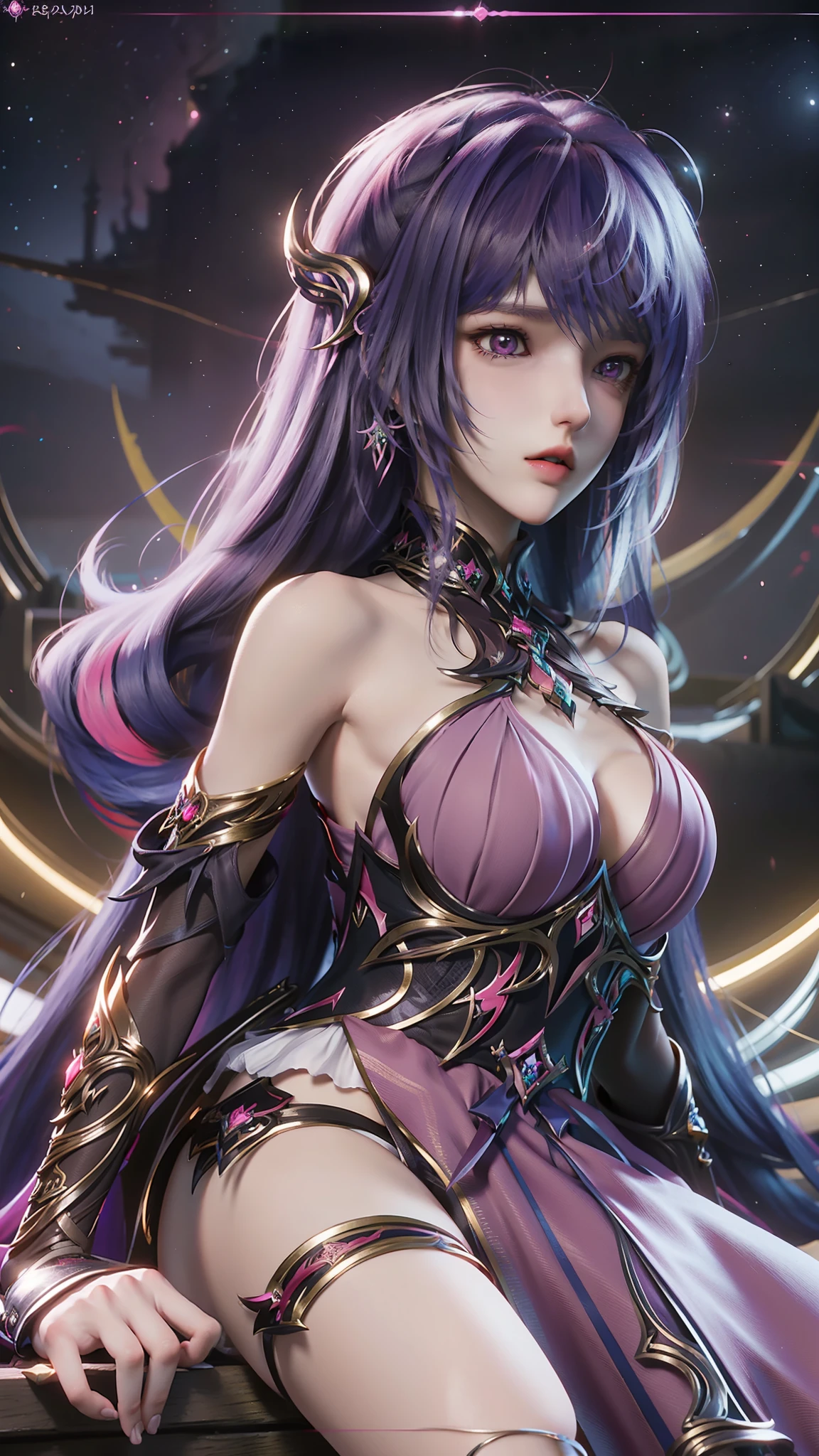 Dressed in pink and blue, Arapei sits on a pink blanket, concept-art:Hero, Trend of CGsociety, Fantasy art, Guviz-style artwork, Guviz, Smooth anime CG art, Keqing from Genshin Impact, Ruan Jia and Artgerm, full-body xianxia, flowing magical robe