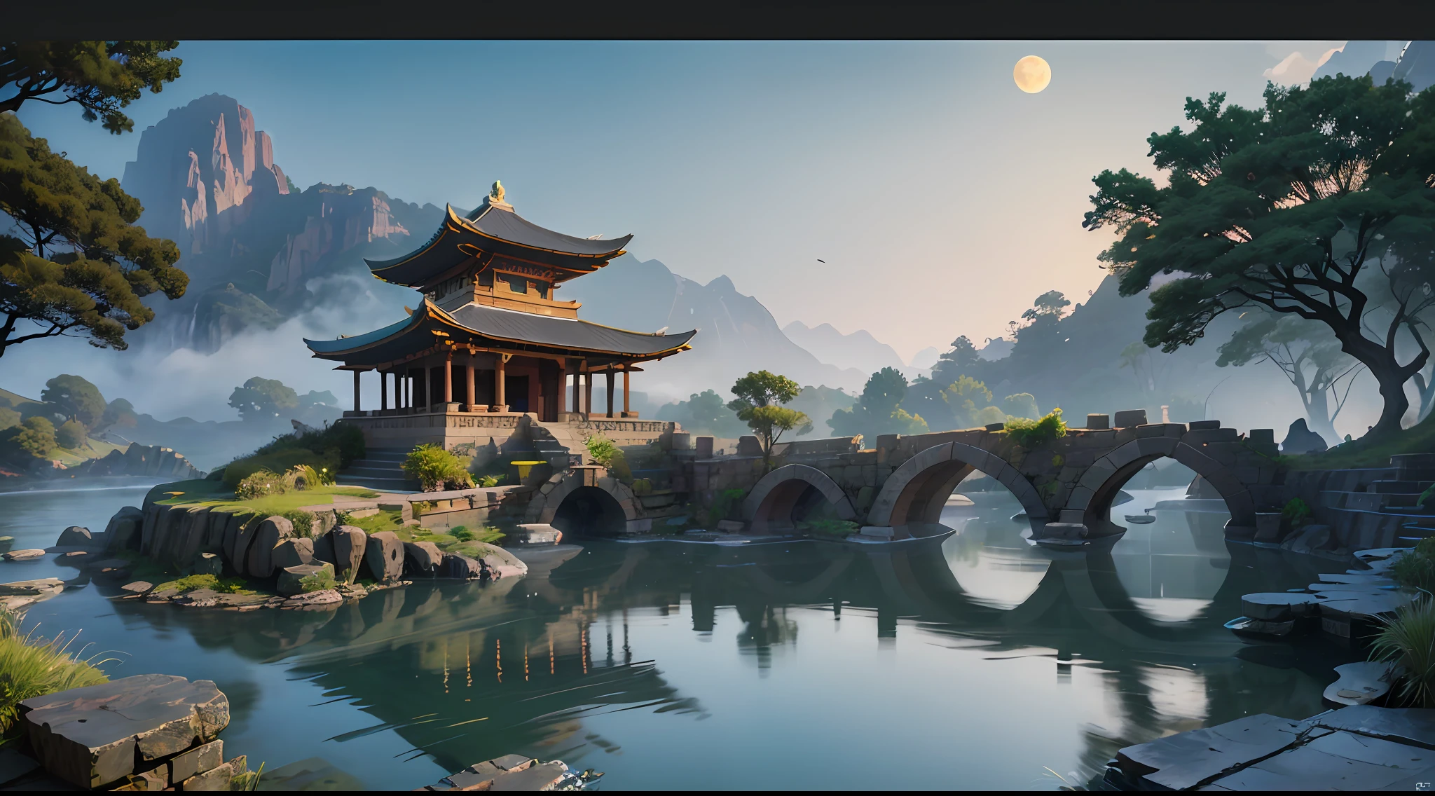 Ancient indian architecture, old tample, cool colors, dark night, moon, garden, bamboo, lake, stone bridge, rockery, arch, corner, tree, running water, landscape, outdoor, waterfall, grass, rock, dense fog, (Illustration: 1.0) , Epic Composition, HD Details, Masterpiece, Best Quality, (Very Detailed CG Unity 8k Wallpapers) --v 6