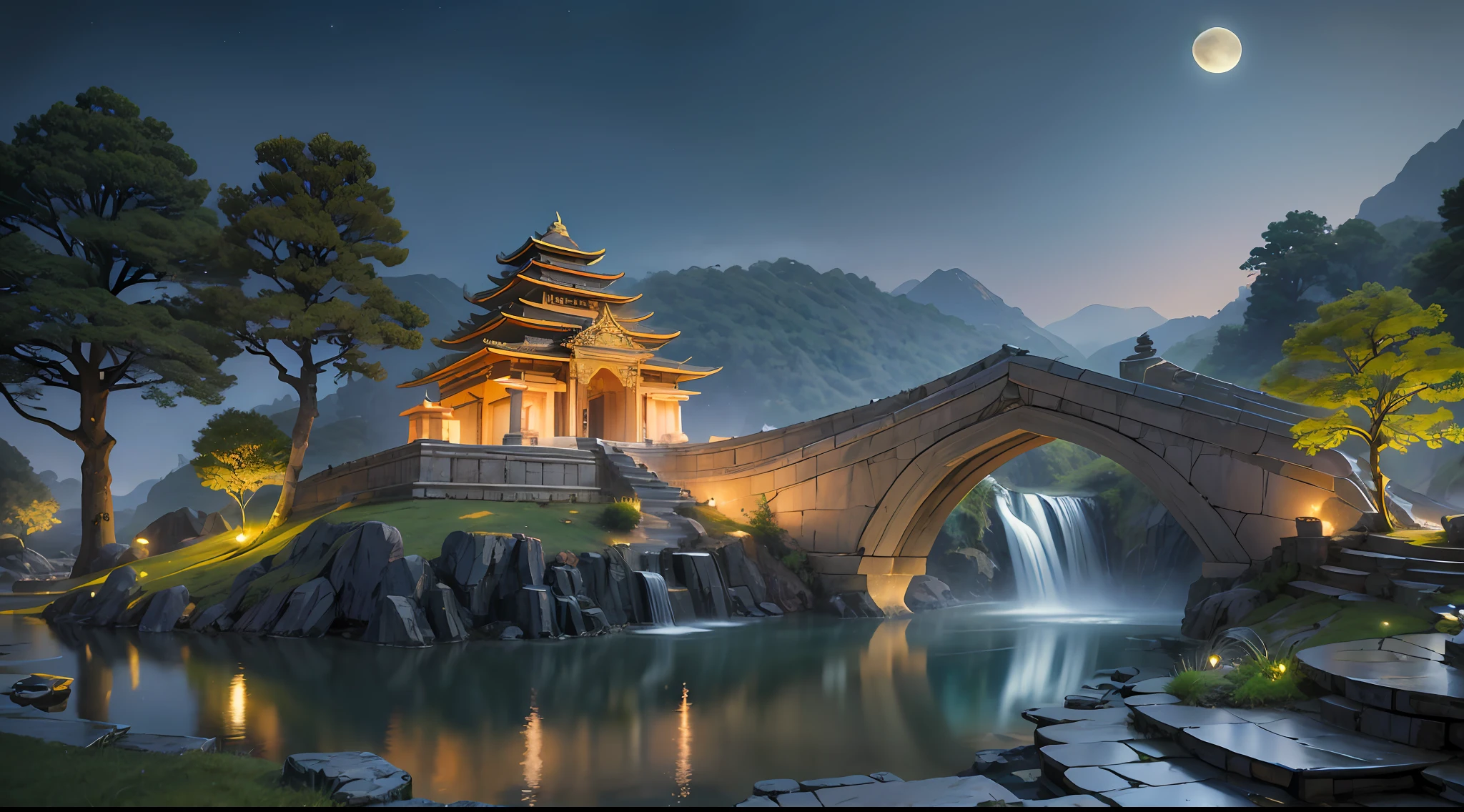 Ancient indian architecture, old tample, cool colors, dark night, moon, garden, bamboo, lake, stone bridge, rockery, arch, corner, tree, running water, landscape, outdoor, waterfall, grass, rock, dense fog, (Illustration: 1.0) , Epic Composition, HD Details, Masterpiece, Best Quality, (Very Detailed CG Unity 8k Wallpapers) --v 6