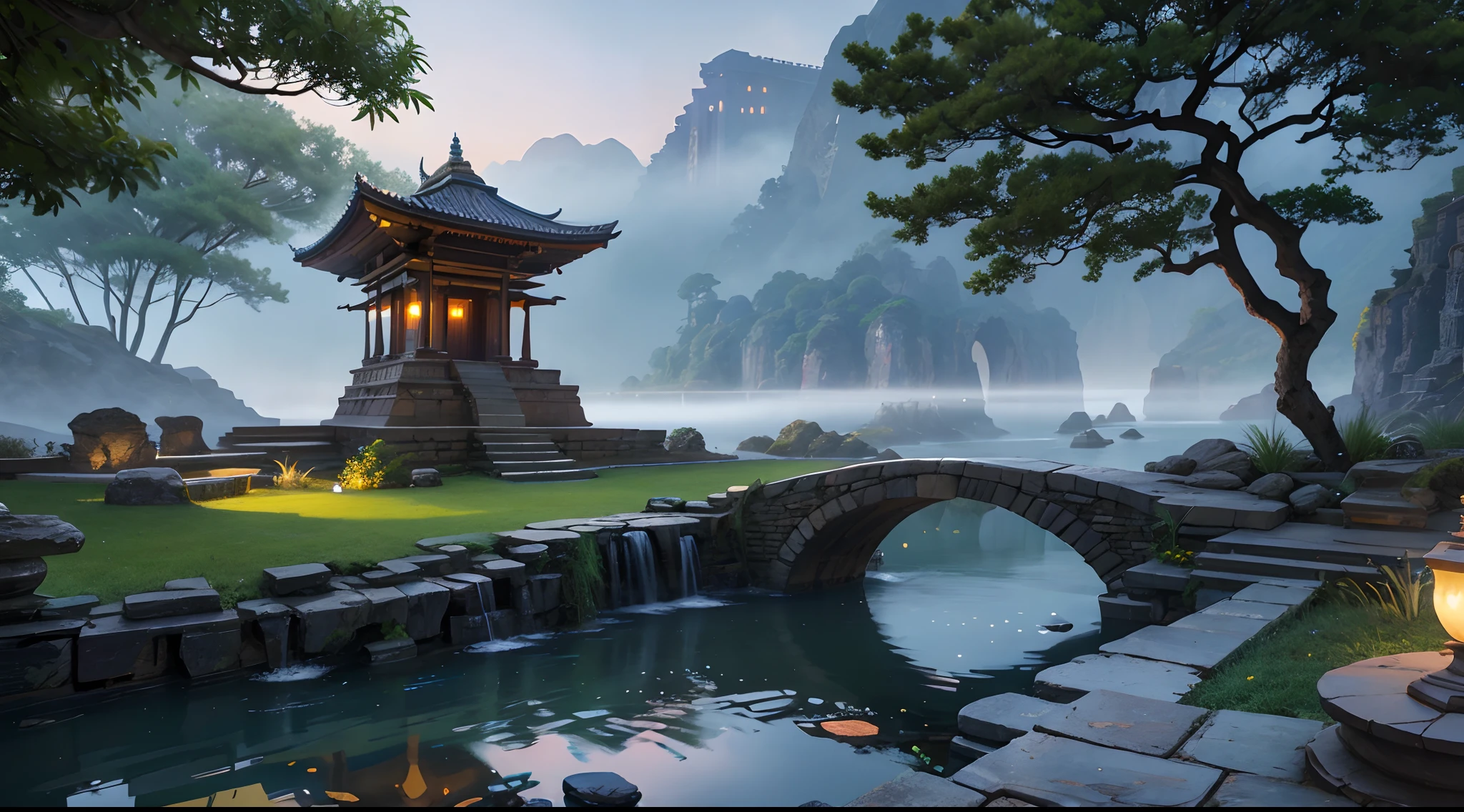 Ancient indian architecture, old tample, cool colors, dark night, moon, garden, bamboo, lake, stone bridge, rockery, arch, corner, tree, running water, landscape, outdoor, waterfall, grass, rock, dense fog, (Illustration: 1.0) , Epic Composition, HD Details, Masterpiece, Best Quality, (Very Detailed CG Unity 8k Wallpapers) --v 6