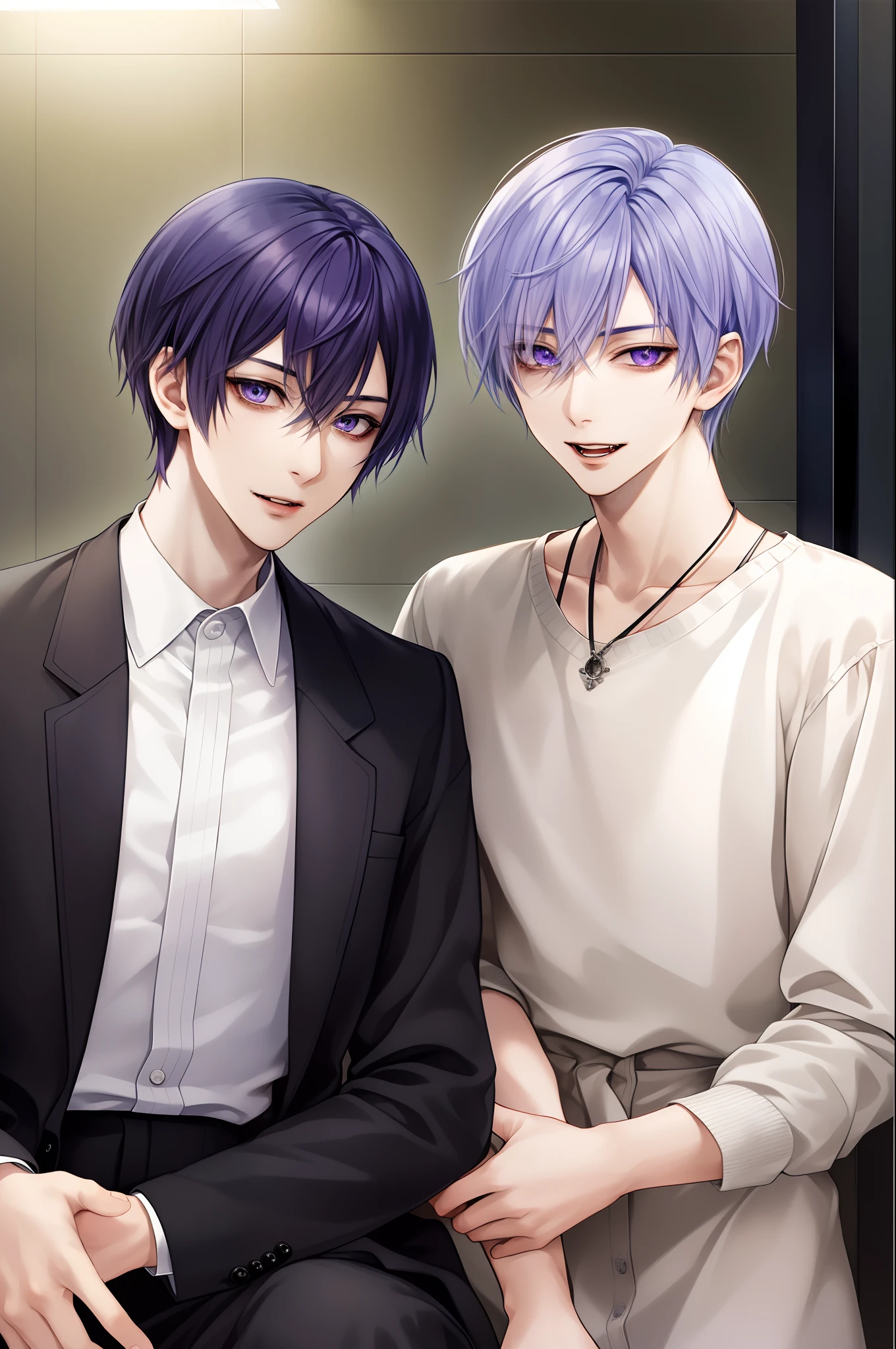 masterpiece, top-quality, 2Others, Male couple, 1 man and 1,, Adults, Height difference, different fashion, different color, finely eye and detailed face, intricate detailes, Casual clothing, Oversized shirt, Modern urban streets, A smile, Happiness, tenderness, queers, high-level image quality、 Two beautiful men、tall、The upper part of the body、nightfall、nighttime scene、𝓡𝓸𝓶𝓪𝓷𝓽𝓲𝓬、Korean Male, Idol Photos, k pop, Professional Photos, Vampires, Korean fashion in black and white, Fedoman with necklace, inspired by Sim Sa-jeong, androgynous vampire, :9 detailed face: 8, extra detailed face, detailed punk hair, ((eyes are brown)) baggy eyes, Seductive. Highly detailed, semi realistic anime, Vampires, hyperrealistic , delicate androgynous prince, imvu, short hair above the ears, Man with short hair, Purple-haired man with a glaring expression and a man with light blue hair with a gentle expression, With a short-haired man with bright purple hair, Man with light blue hair