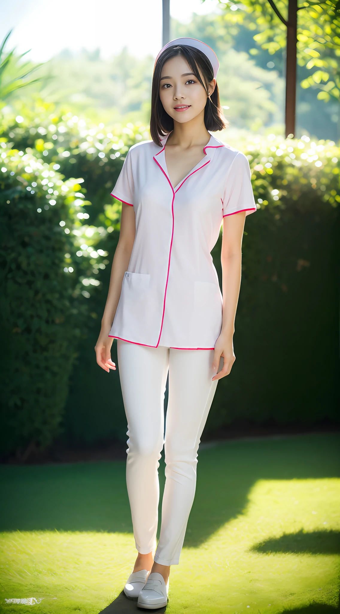 1 beautiful woman taking pictures on the grass of the villa,RAW photos,tmasterpiece,(highdetailskin:1.2),8k ultra high definition,digital SLR camera,gentlesoftlighting,high high quality,filmgrain,富士XT3,20 years old Asian woman,Wear simple clothes,(White long nurse uniform:1.2 and long skinny jeans:0.7,Detailed clothing details:1.3),perfect body figure,Perfect breasts and nipple bulge,The legs are straight and slender,Branded stylish shoes:0.6,Super detailed facial details and skin,Fair pink face and skin,The skin is pink,with light glowing,二重まぶた,Super detailed eyes,A sweet smile,Wear a mask:1.5, (Gloss on lips, eyeslashes, Glossy face, Best quality, Super high resolution, warm color,Wide lighting, naturalshadow),taken from behind, Show off your beautiful body, Full body shooting: 1.8