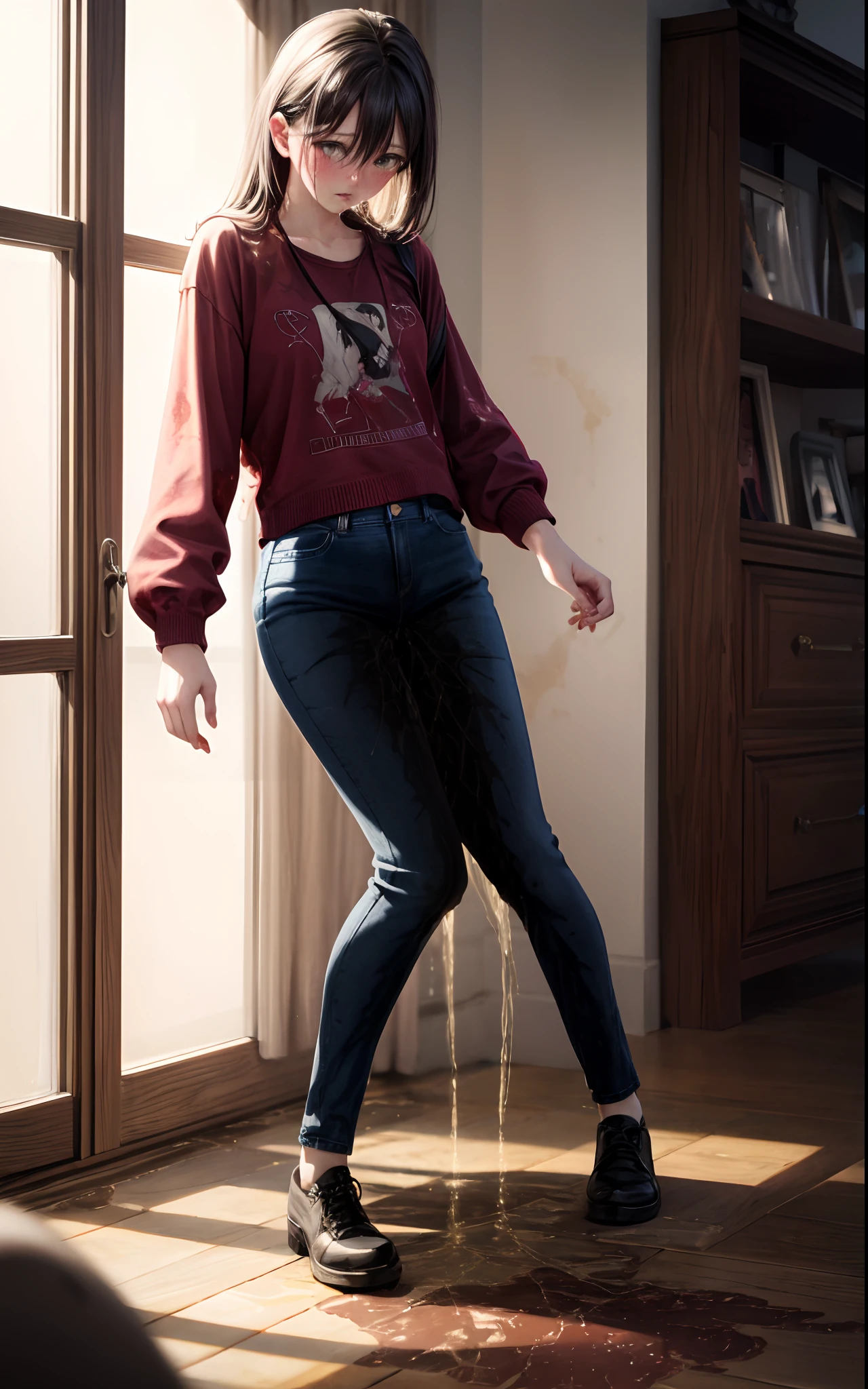 RAW photo, best quality, masterpiece, extremely delicate and beautiful, extremely detailed, 8k wallpaper, highres, realistic, 8k, soft lighting, high quality, cinematic lighting, (2girls), 20 years old, blue jeans pants, ((full body shot)), blush, worried, ((((((pee stain))))))