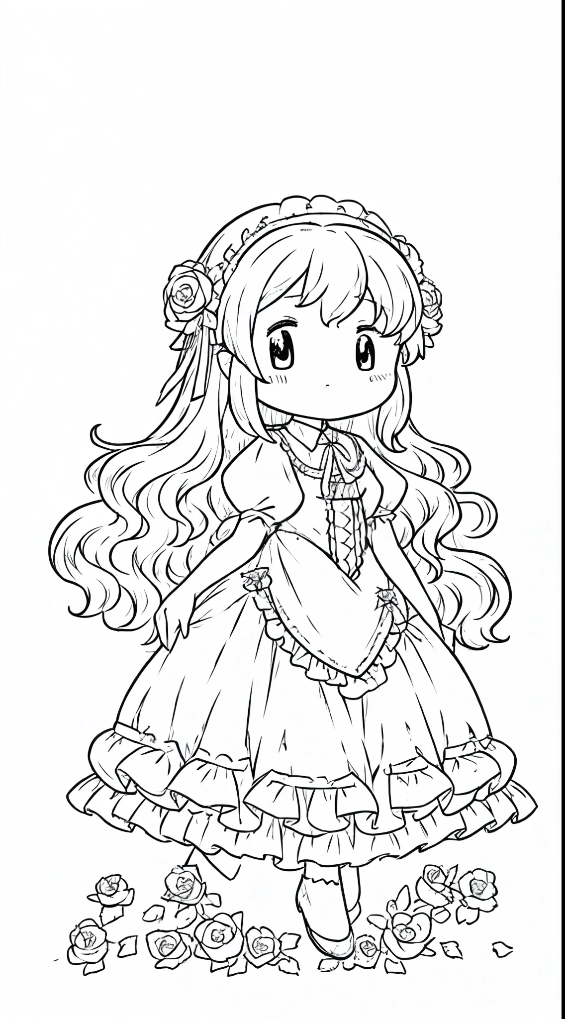 Chibi, Detailed beautiful coloring book、 line-drawing、portrait of the magical ****ta girl,dress simple、 coloring book style, monochromes、Line art with very dark ink,numerous roses、full body Esbian、simple background、White background