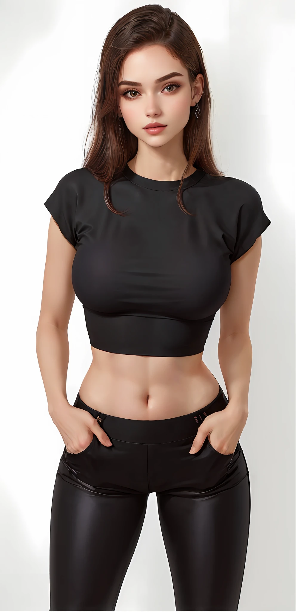 a close up of a woman in a gray shirt and black pants, wearing tight shirt, gray shirt, tight shirt, open chest clothing, wearing a t-shirt, wearing simple, tight-fitting clothes, wearing a V-neck blouse, sport bra and shirt, wearing in shirt, thin girl model photo, wearing a cute top, blue tight tshirt, shirt