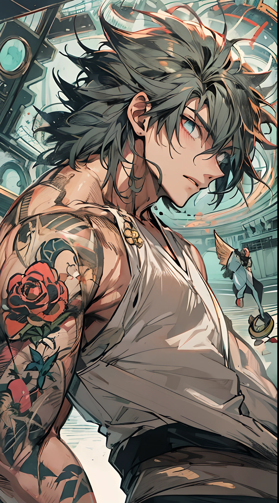 Un primer plano de un hombre rudo con tatuajes en el pecho y brazosas,en un gimnasio de boxeo,Chico guapo en el arte de Demon Slayer, Personaje masculino de anime, Arte detallado del personaje de anime, inspired by Itō Ogura Yonesuke, muscular character, Personaje de anime, Estilo anime masculino, Personaje de estilo anime, inspired by Munakata Shikō, Cuerpo completo del personaje, Arte digital de Danganronpa,alta calidad,muy detallado,pelo corto,ojos oscuros,mirada desafiante,cadenas,sin camisa,reloj,pulceras,tatuajes detallados por todo el cuerpo,