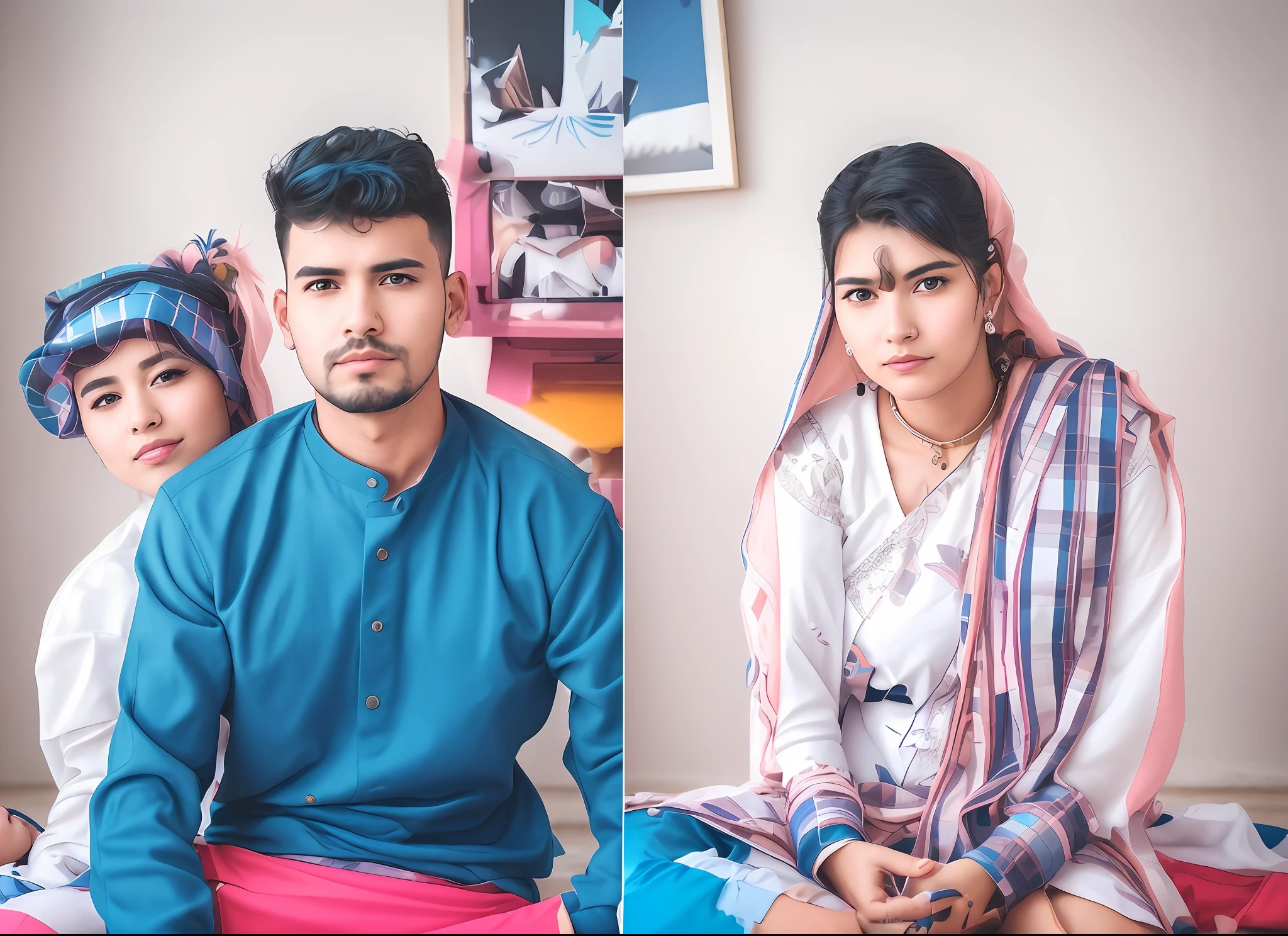 there are two people sitting on a floor, lovely couple, photo taken in 2 0 2 0, portrait mode photo, couple, photoshoot, portrait image, male and female, portait image, ghutra and egal, photo shoot, * colour splash *, digital photograph, images, with same hairstyle, photo taken with nikon d750