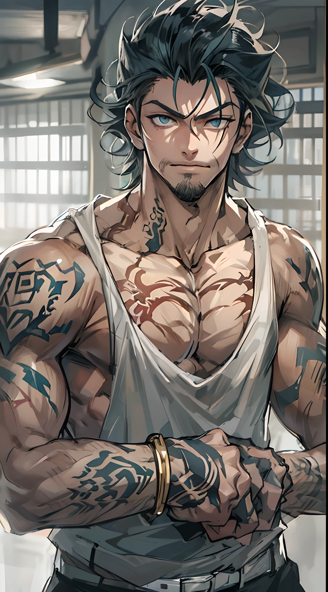 Un primer plano de un hombre rudo con tatuajes en el pecho y brazosas,en un gimnasio de boxeo,Chico guapo en el arte de Demon Slayer, Personaje masculino de anime, Arte detallado del personaje de anime, inspired by Itō Ogura Yonesuke, muscular character, Personaje de anime, Estilo anime masculino, Personaje de estilo anime, inspired by Munakata Shikō, Cuerpo completo del personaje, Arte digital de Danganronpa,alta calidad,muy detallado,pelo corto,ojos oscuros,mirada desafiante,cadenas,sin camisa,reloj,pulceras,tatuajes detallados por todo el cuerpo,