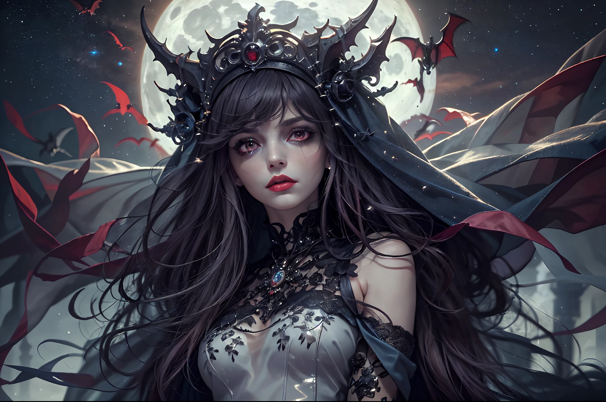 a picture of an exquisite beautiful female vampire standing under the starry night sky on the porch of her castle, dynamic angle (ultra detailed, Masterpiece, best quality), ultra detailed face (ultra detailed, Masterpiece, best quality), ultra feminine, grey skin, red hair, wavy hair, dynamic eyes color, cold eyes, glowing eyes, intense eyes, dark red lips, [fangs], wearing white dress, elegant style dress (ultra detailed, Masterpiece, best quality), wearing blue cloak (ultra detailed, Masterpiece, best quality), long cloak, flowing cloak (ultra detailed, Masterpiece, best quality), wearing high heeled boots, sky full of stars background, moon, bats flying about, high details, best quality, 8k, [ultra detailed], masterpiece, best quality, (ultra detailed), full body, ultra wide shot, photorealism, dark fantasy art, dark fantasy art, gothic art, many stars, dark fantasy art, gothic art, sense of dread,