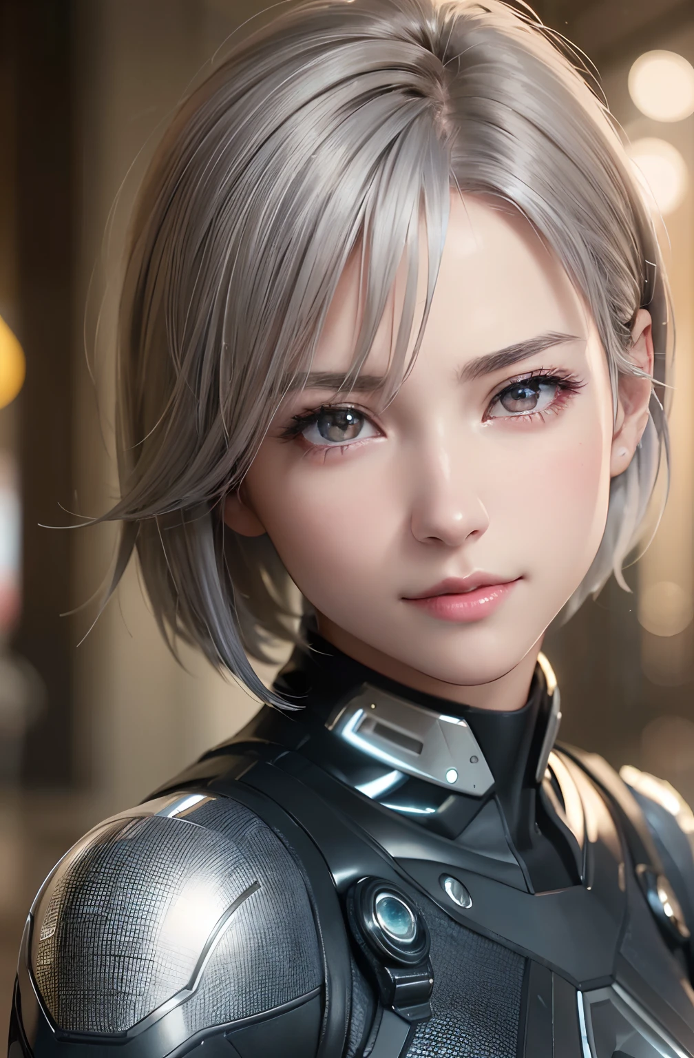 (8k, photorealistic, RAW photo, top quality: 1.4), (1girl), super beautiful, (realistic face), (boyish, silver-colored berry short hair), beautiful cyberpunk suit, glares seducing viewer, beautiful expression, beautiful breasts, (realistic skin), beautiful smile, (soldier), attractive, ultra high resolution, ultra realistic, high definition, spoiled