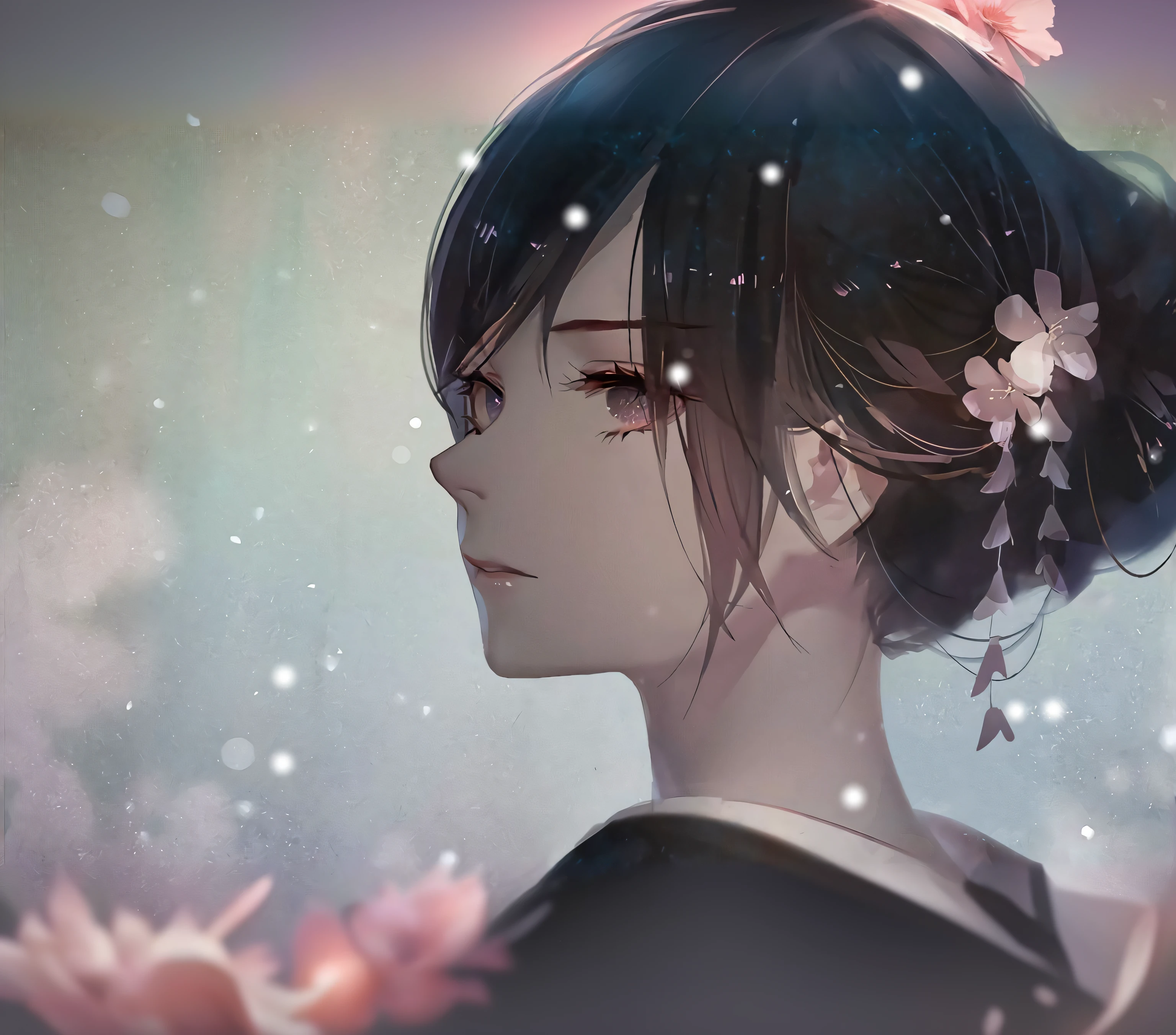 Anime girl with flowers in hair looking at snow, anime girl profile, a beautiful anime portrait, Guviz-style artwork, Guviz, Stunning anime face portrait, Beautiful anime face, anime girl portrait profile, detailed portrait of an anime girl, Beautiful anime girl, Beautiful anime, Beautiful anime artwork, portrait anime girl, Anime art wallpaper 4 K