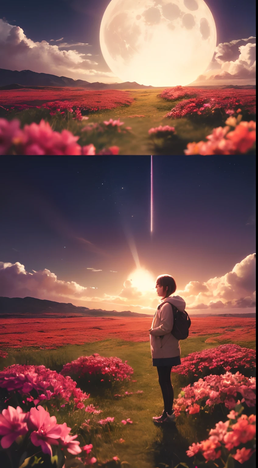 Expansive landscape photography，（a bottom view showing the sky above and open country below），a girl standing in a field of flowers looking up，（moon full：1.4），（meteors：0.9），（Starcloud：1.3），mountain in the distance，tree-breaking production art，（Warm light source：1.2），（glowworm：1.2），lamp lights，Lots of purple and orange，Complicated details，Volumetriclighting，BREAK realism（tmasterpiece： 1.2） ， （best qualtiy）， 4K， ultra - detailed， （Dynamic synthesis： 1.4）， highly  detailed， Colorful detailed， （Irridescent color： 1.2）， （Bright lighting， Atmospheric lighting）， dream magical， magic， （独奏： 1.2）
