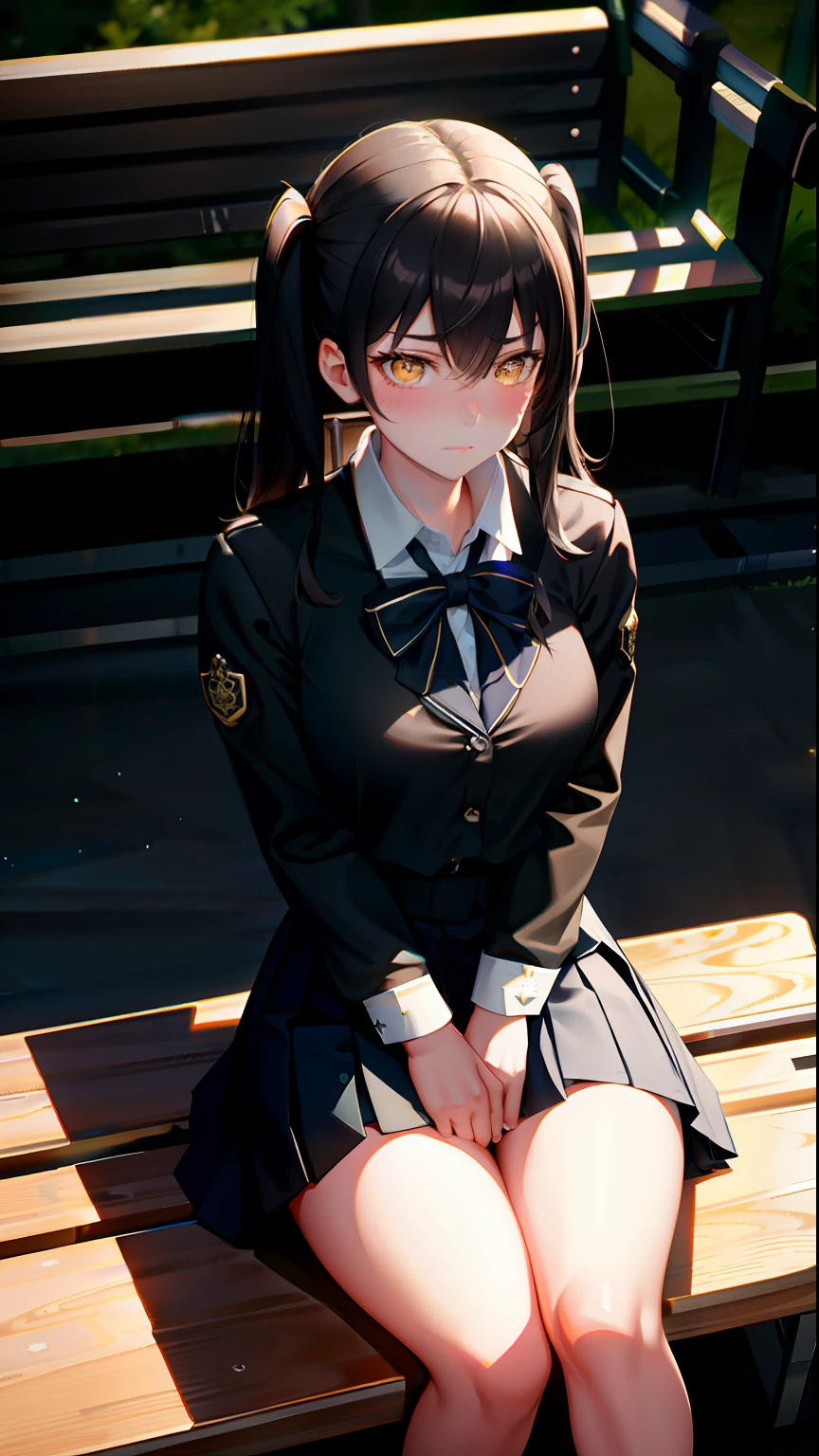 ​masterpiece, top-quality,  Detailed details, Detailed landscapes, beatiful lights, Beautiful Shadows, 1girl in, 18year old,Tearful eyes,troubled look,a miniskirt.School uniform,look up to, detailed skin textures, Tyndall effect,sit on a bench,cross one's legs,