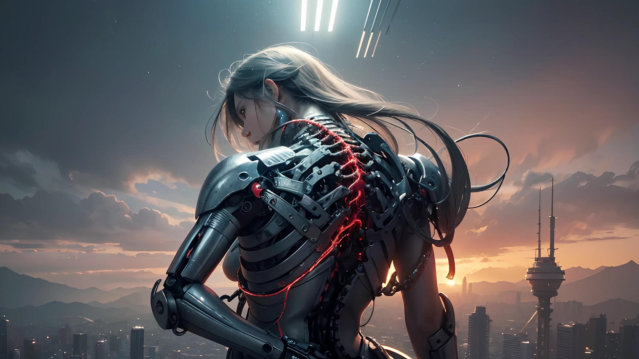 (obra maestra,La mejor calidad:1.3), Unidad 8K Fondo de pantalla, (ultra detallado:1.3), (Highly detailed CG illustration), (un extremadamente delicado y hermoso),desde un lado,CinematicLight,(1mechanical girl),solamente,cuerpo completo,(machine made joints),mechanical limbs,Blood Vessels Attached to Tubes,mechanical vertebra attaching to the back,(mechanical cervial attaching to neck),sentada,inexpresivo,alambres y cables que se fijan al cuello y al cuerpo ,enfoque del personaje,Science-Fiction,foto RAW, cinematic masterpiece, majestic epic composition, (Movie scene), Plan completo, epic dynamic frame, dynamic pose, desenfoque de movimiento, Science-Fiction, Ciberespacio, (((cinematic look))), Luz de llanta, Film grain, textura natural de la piel, 24mm, Texturas 4K, (Textura de metal desgastado altamente detallada:1.3)