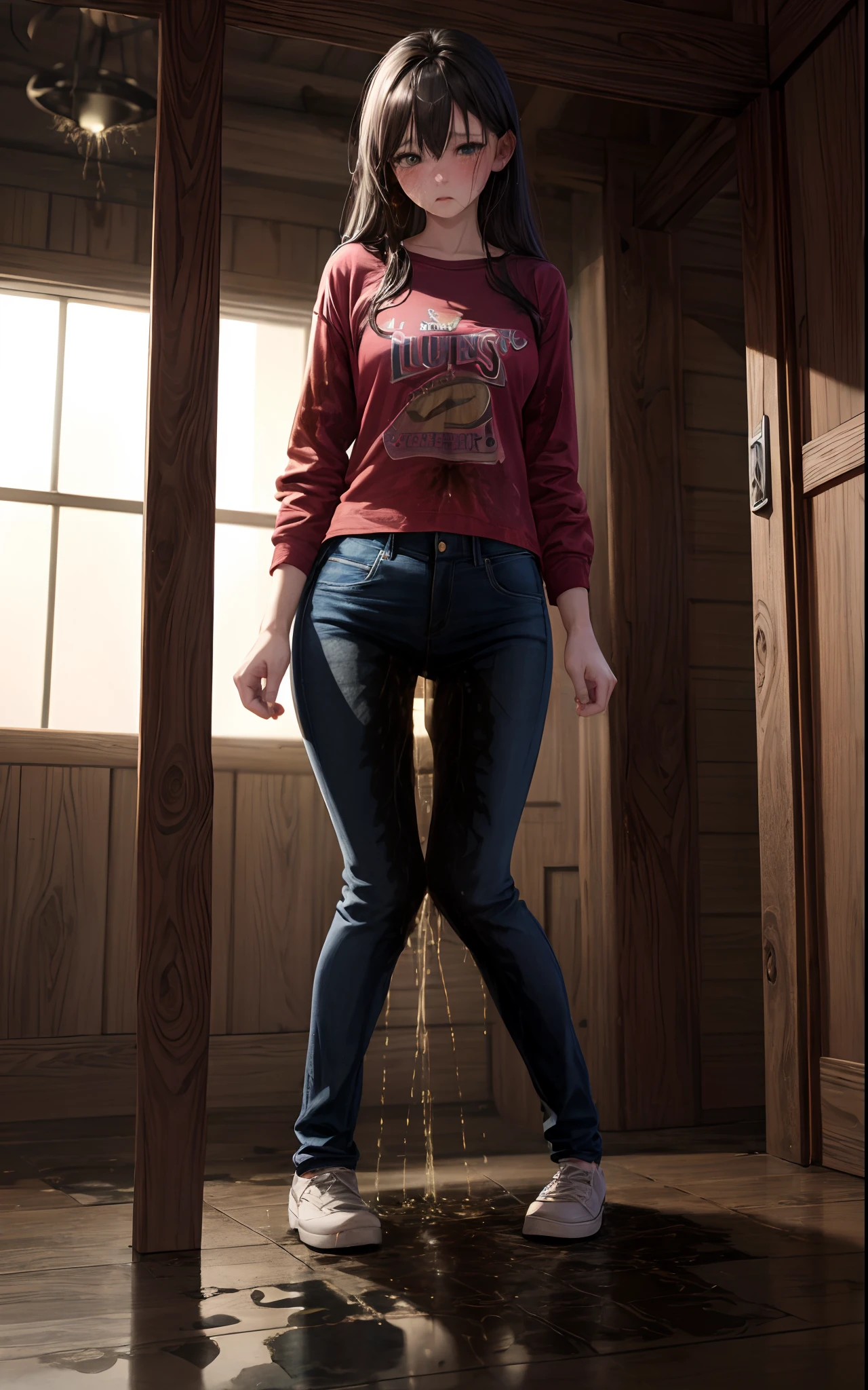 RAW photo, best quality, masterpiece, extremely delicate and beautiful, extremely detailed, 8k wallpaper, highres, realistic, 8k, soft lighting, high quality, cinematic lighting, 2girls, 20 years old, blue jeans pants, ((full body shot)), blush, worried, ((((((pee stain))))))