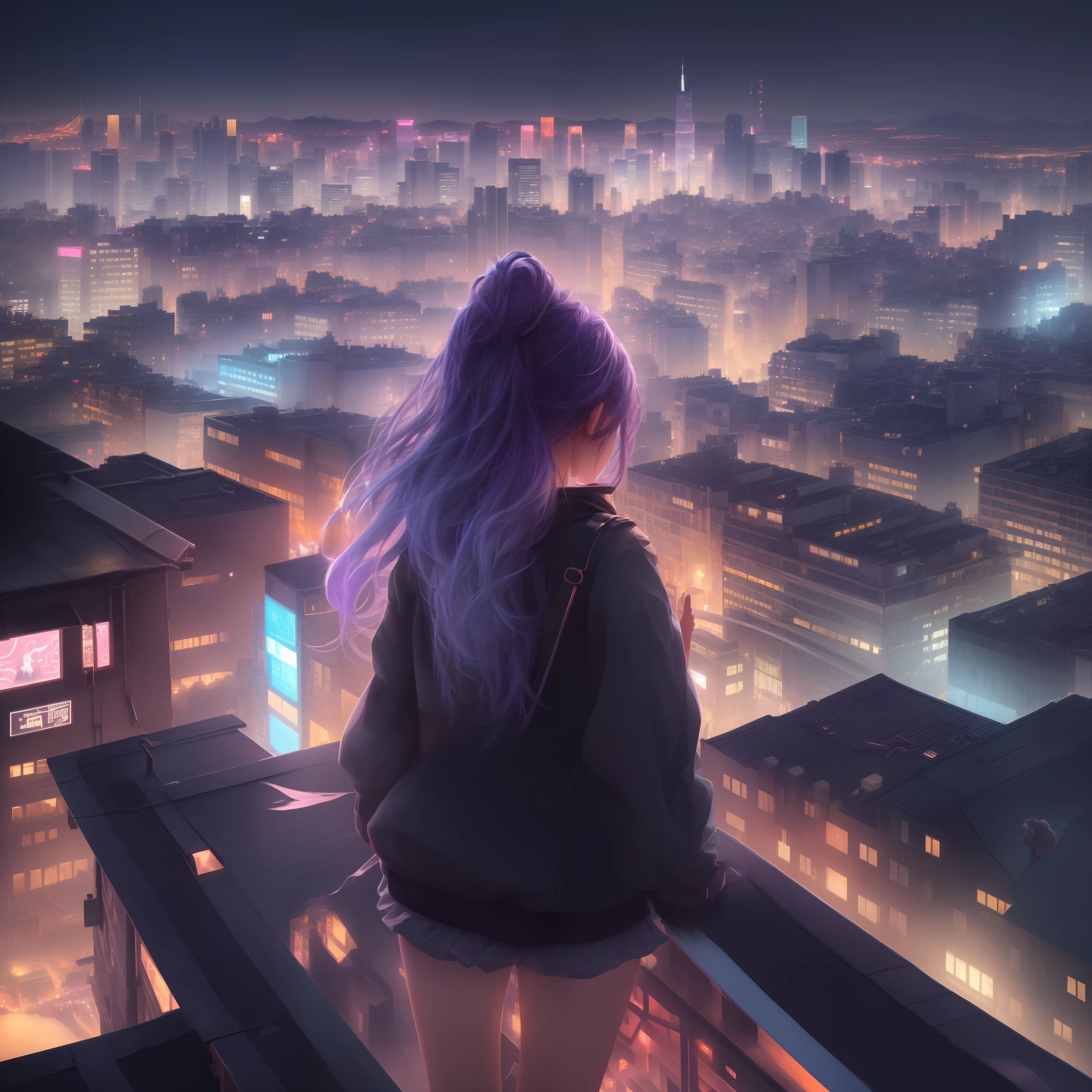 (Real texture、8K)、Girl looking down on the city from the roof of a building、(Detailed cityscape、Colorful lights、posterior view)、Clothes and hair fluttering in the wind