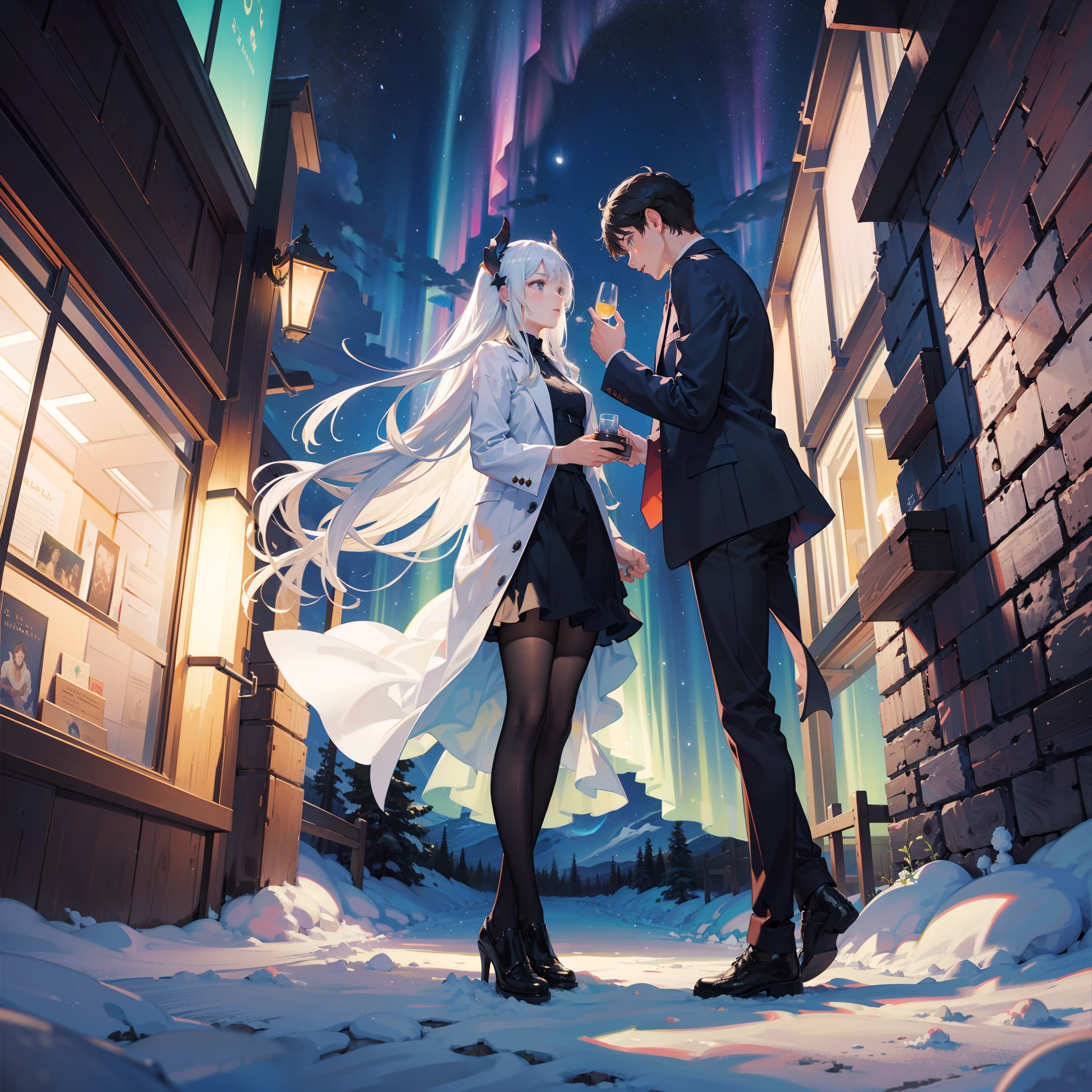 1 girl and 1 man,(Master masterpieces,high qulity,Very detailed,Perfect artwork,CG),Defocused,ultra-wide-angle,Ao olhar para cima,star,starrysky,The stars shine,snowfield,aurora borealis