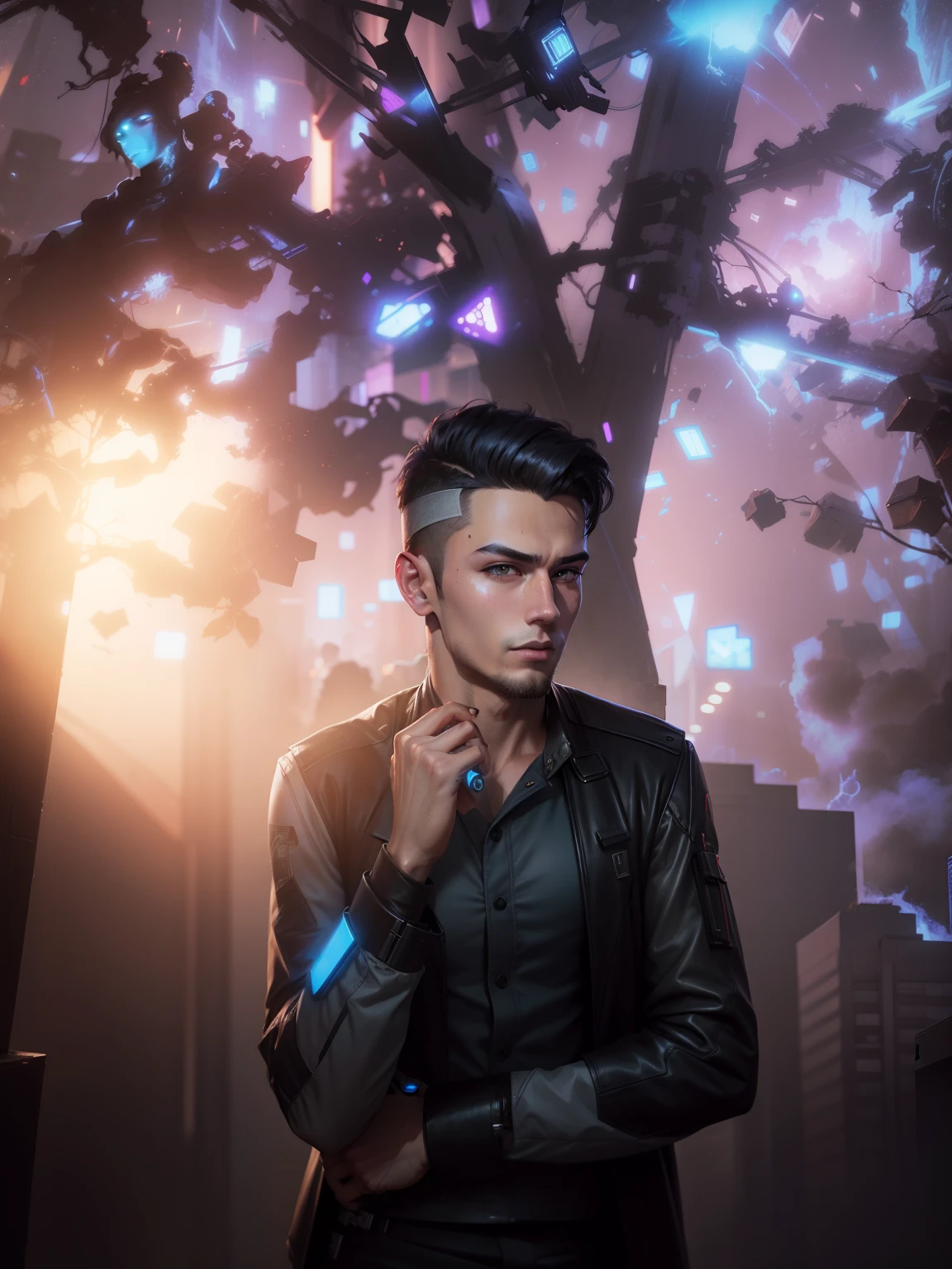 Change background cyberpunk handsome boy . realistic face.