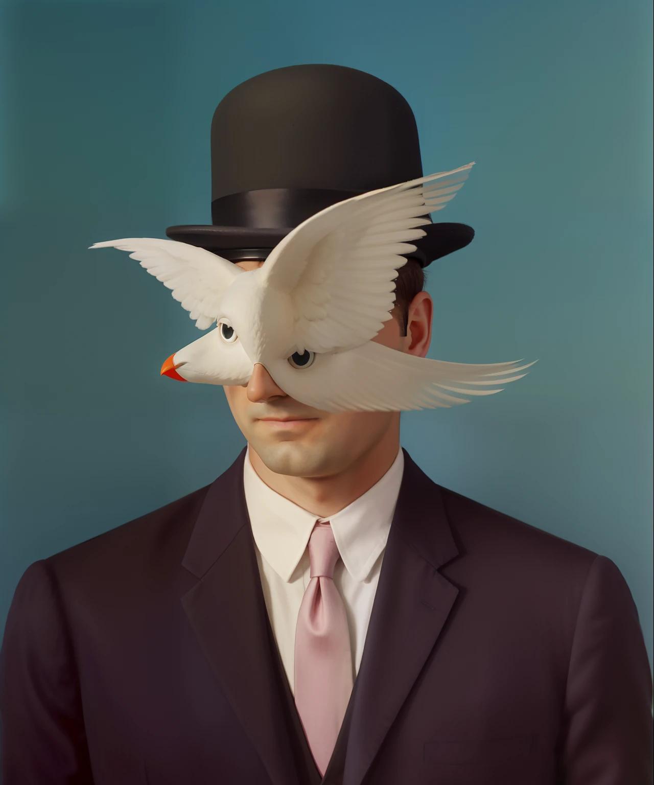 Real photograph image of a man in suit and hat with a bird on his head, Realista, Rene Magritte. circunstanciado, Rene Magritte. hiperdetalhado, pintura Magritte, Magritte, Directed by: Rene Magritte, Directed by: rene magritte, inspirado em Rene Magritte, inspired by rene magritte