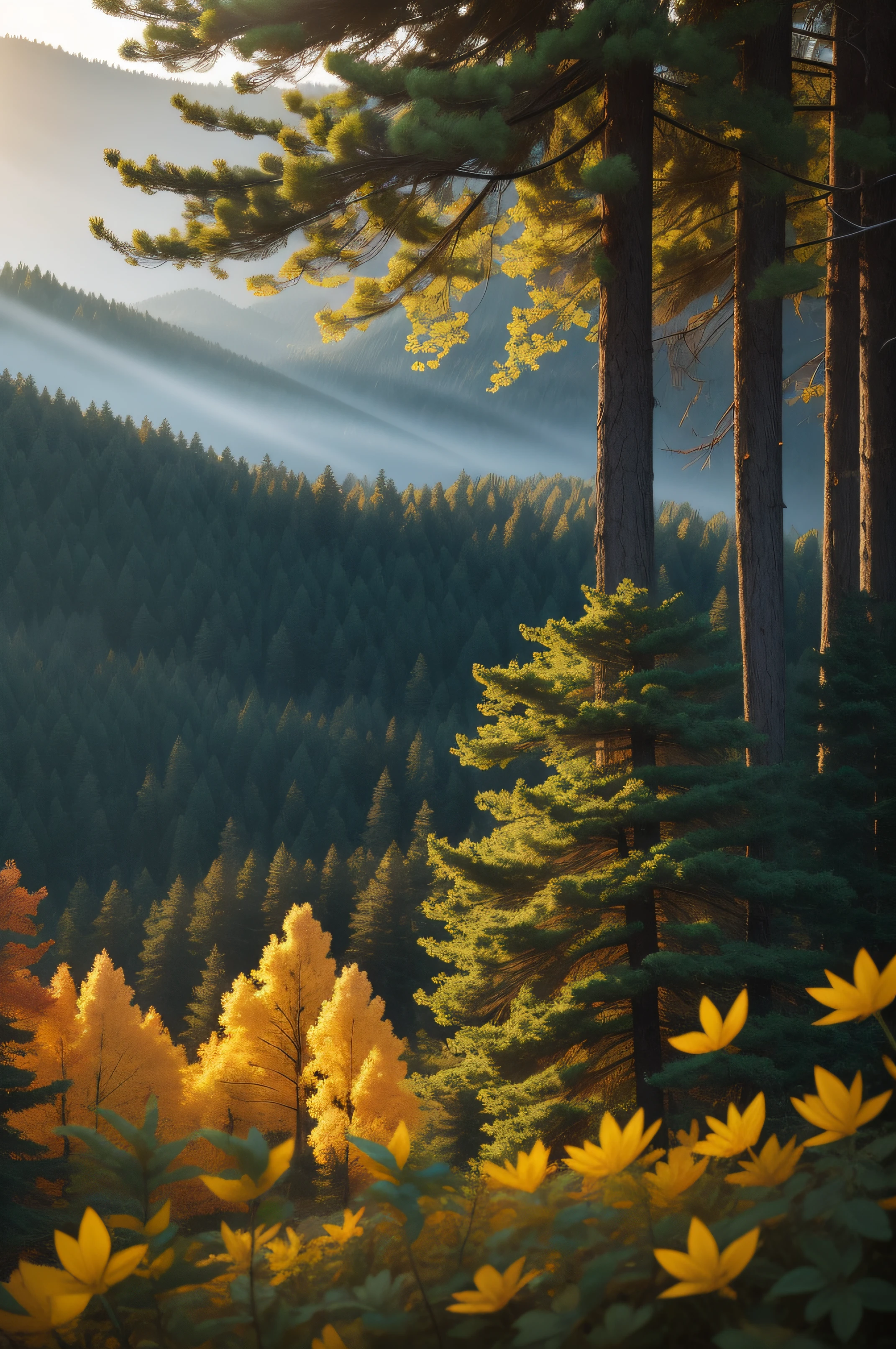 tmasterpiece,Best quality at best,high qulity,非常详细的 CG 统一 8k 壁纸,coniferous forest,stillness,towering conifers covered with forest floor,Sunny warm autumn,Peaceful beauty,Light wind,needle,tree branch,Bokeh,Depth field, hdr, full bloom, color difference, Photorealistic, Extremely detailed, Popular on artstation, Popular on CGsociety, complex, High detail, Dramatic, halfway art