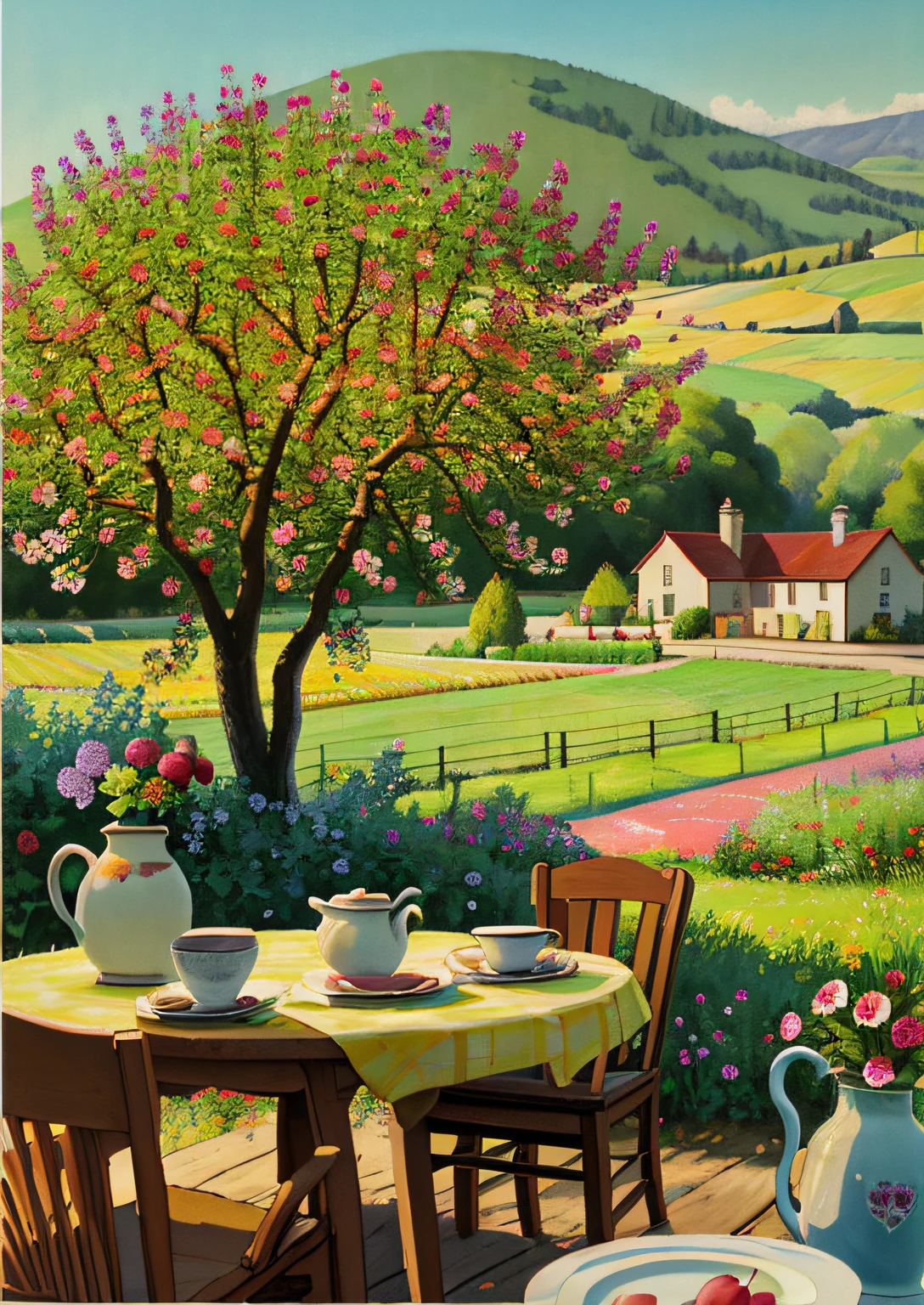 painting of a table with a vase of flowers, a pitcher of wine, and a plate of fruit, an idyllic vineyard, inspired by Charles Ginner, apple trees, standing in an apple orchard, colorful scene, apple tree, garden with fruits on trees, idyllic and fruitful land, colorful landscape painting, published art, summer setting, courful illustration