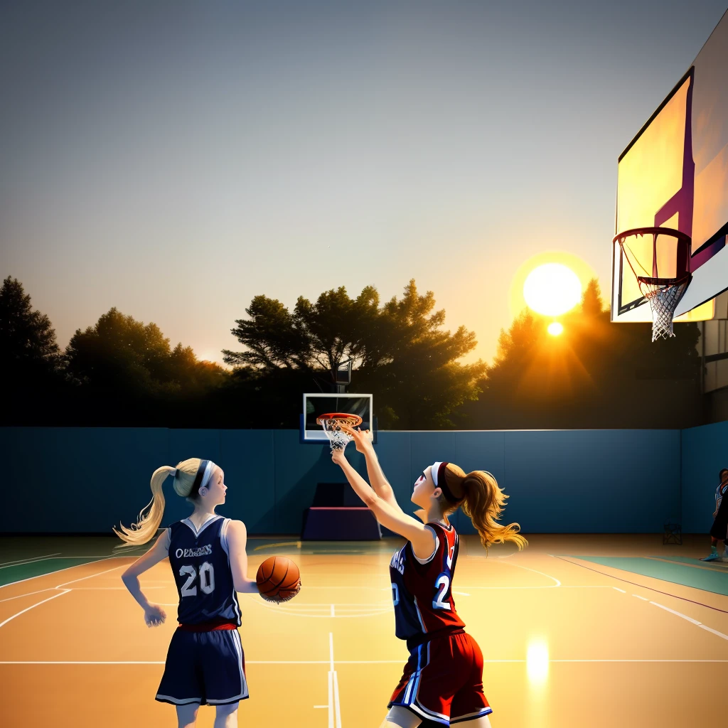 ((On the basketball court)+(pony tails)|(Basketball girl:1.3))，(youthfulness:1.2+teens girl+the setting sun:1.2)