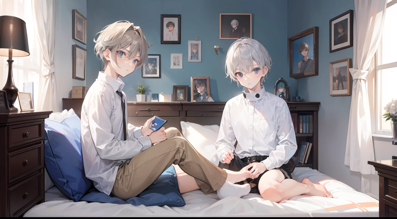 Two Boys, Silver-haired boy and brown-haired boy,Boy's room、Talking、hight resolution、ultra-detailliert