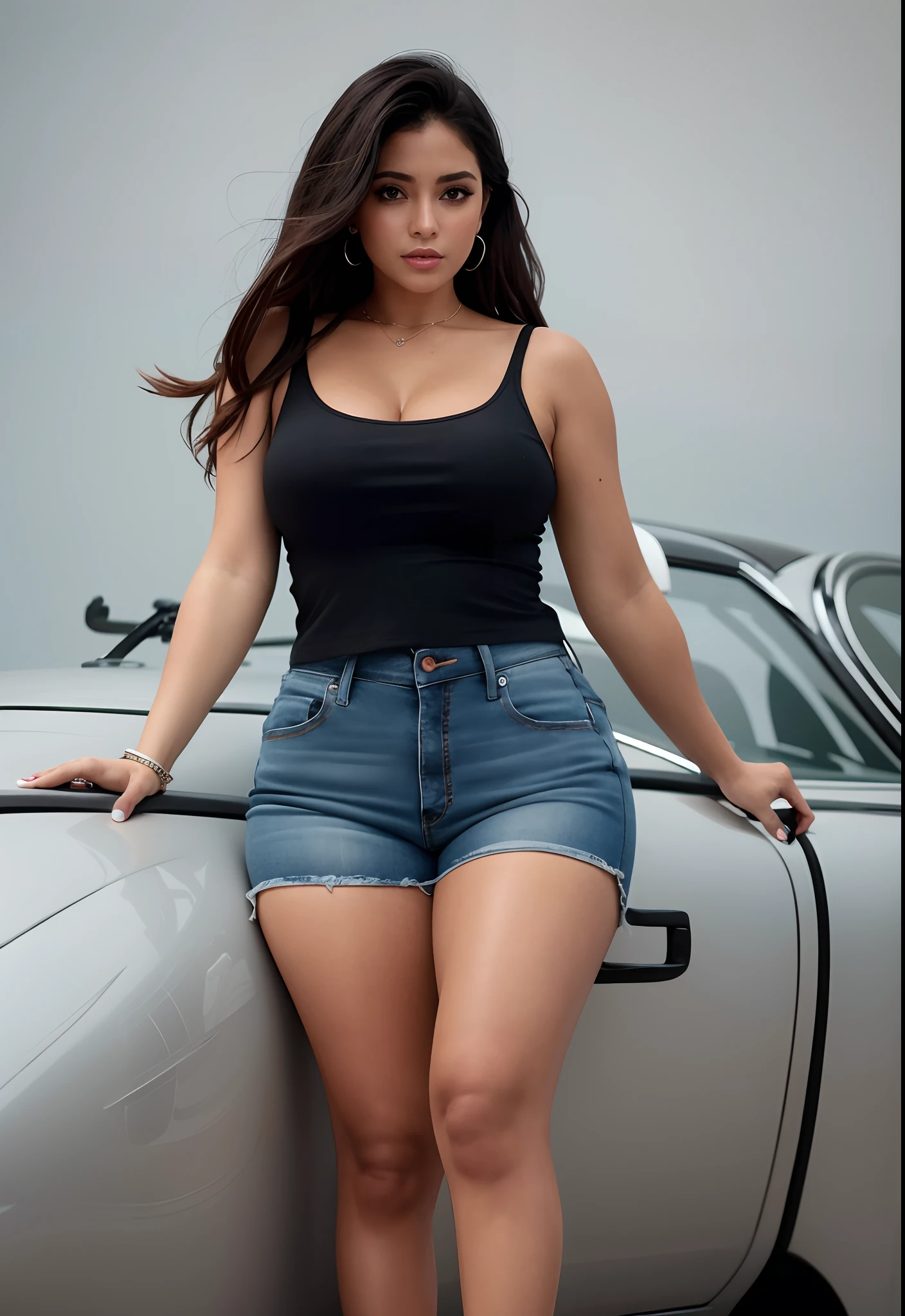 Aishwarya rai as car wash worker, white bikini, denim shorts, hot pants, full body, high heels, voluptuous figure, massive cleavage, wet body, soap foam all over body,wet hair, high ponytail, posing on red ferrari, day scene, breasts visible show, 90% breasts popping out, hourglass figure, massive breasts, nipple visible, seductive face, look at camera and laugh, erotic adult face, 40 yo, soft volumetric lights, intricate details, (ArtStation:1.2)
