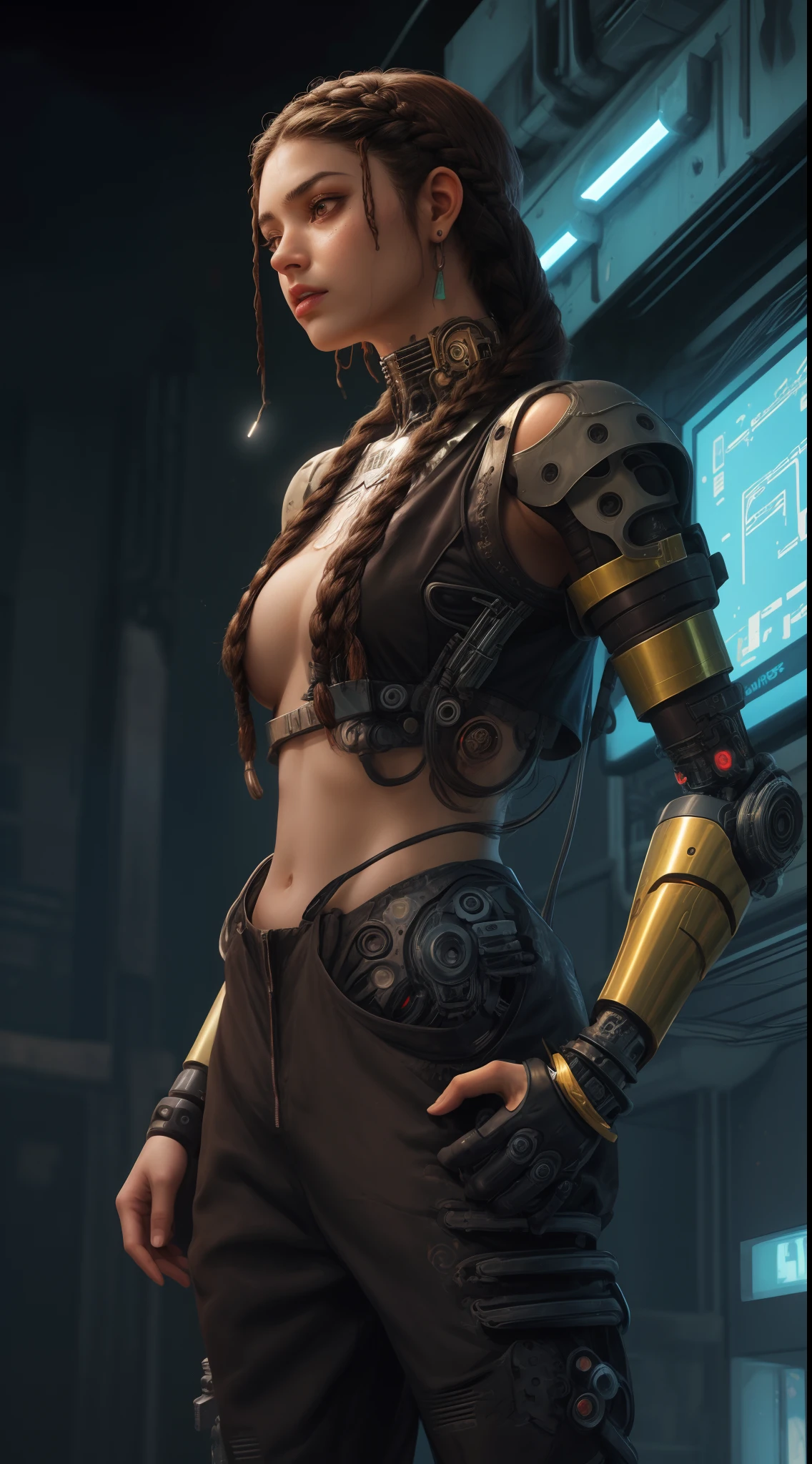 1 Egyptian girl in profile ,close up angle, brown hair braids, Sexy short jumpsuit clothes, torn shirtless jumpsuit,seios grandes , (with cybernetic prostheses),fundo cyberpunk neon a noite ,8K Ultra realista