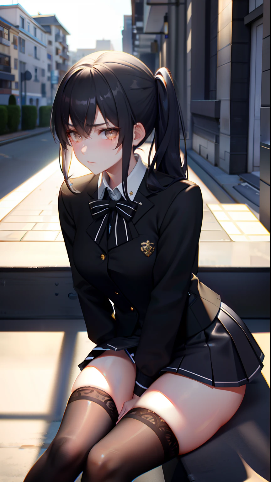 ​masterpiece, top-quality,  Detailed details, Detailed landscapes, beatiful lights, Beautiful Shadows, 1girl in, sixteen years old,Black eyes,troubled look, Tears,a miniskirt.School uniform,(low angles), detailed skin textures, Tyndall effect,sit on a bench,