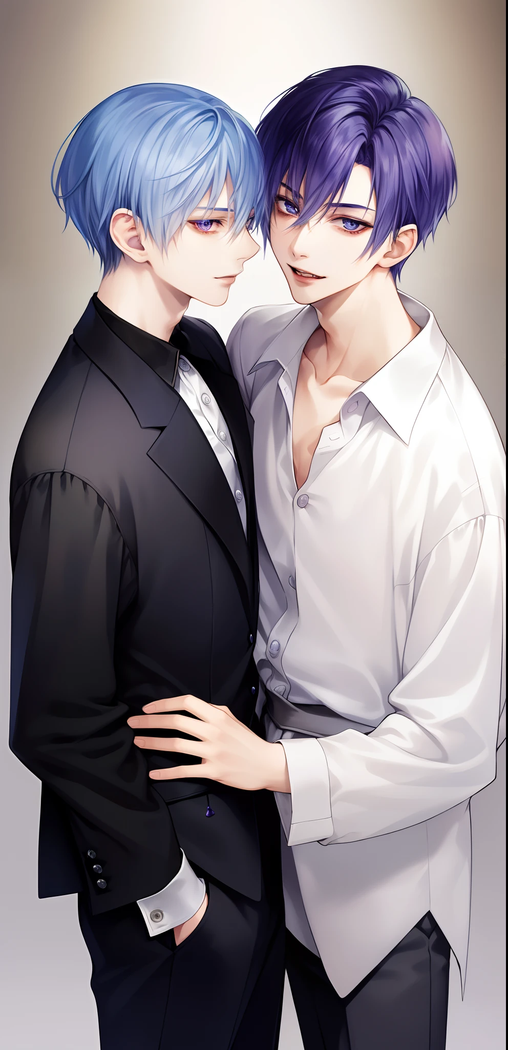 masterpiece, top-quality, 2Others, Male couple, 1 man and 1,, Adults, Height difference, different fashion, different color, finely eye and detailed face, intricate detailes, Casual clothing, Oversized shirt, Modern urban streets, A smile, Happiness, tenderness, queers, high-level image quality、 Two beautiful men、tall、The upper part of the body、nightfall、nighttime scene、𝓡𝓸𝓶𝓪𝓷𝓽𝓲𝓬、Korean Male, Idol Photos, k pop, Professional Photos, Vampires, Korean fashion in black and white, Fedoman with necklace, inspired by Sim Sa-jeong, androgynous vampire, :9 detailed face: 8, extra detailed face, detailed punk hair, ((eyes are brown)) baggy eyes, Seductive. Highly detailed, semi realistic anime, Vampires, hyperrealistic , delicate androgynous prince, imvu, short hair above the ears, Man with short hair, Purple-haired man with a glaring expression and a man with light blue hair with a gentle expression, With a short-haired man with bright purple hair, Man with light blue hair