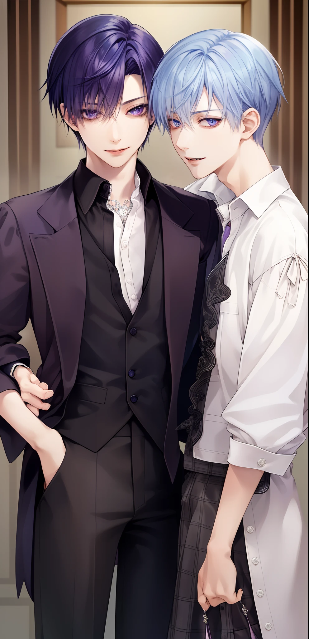 masterpiece, top-quality, 2Others, Male couple, 1 man and 1,, Adults, Height difference, different fashion, different color, finely eye and detailed face, intricate detailes, Casual clothing, Oversized shirt, Modern urban streets, A smile, Happiness, tenderness, queers, high-level image quality、 Two beautiful men、tall、The upper part of the body、nightfall、nighttime scene、𝓡𝓸𝓶𝓪𝓷𝓽𝓲𝓬、Korean Male, Idol Photos, k pop, Professional Photos, Vampires, Korean fashion in black and white, Fedoman with necklace, inspired by Sim Sa-jeong, androgynous vampire, :9 detailed face: 8, extra detailed face, detailed punk hair, ((eyes are brown)) baggy eyes, Seductive. Highly detailed, semi realistic anime, Vampires, hyperrealistic teen, delicate androgynous prince, imvu, short hair above the ears, Man with short hair, Purple-haired man with a glaring expression and a man with light blue hair with a gentle expression, With a short-haired man with bright purple hair, Man with light blue hair
