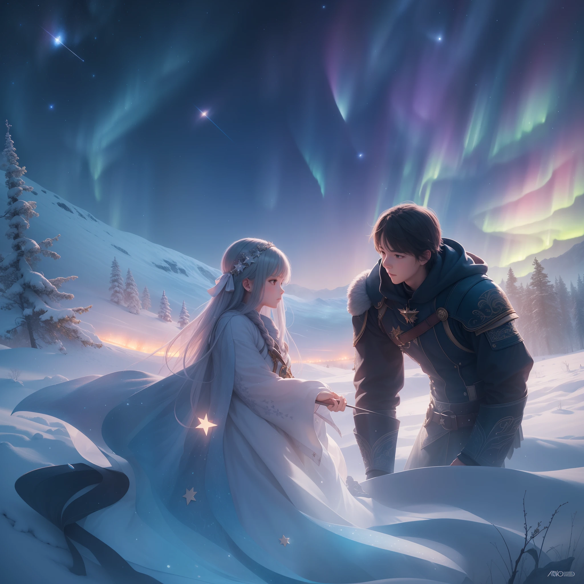1 girl and 1 man,(Master masterpieces,high qulity,Very detailed,Perfect artwork,CG),Defocused,ultra-wide-angle,fantasy,Ao olhar para cima,star,starrysky,The stars shine,snowfield,aurora borealis