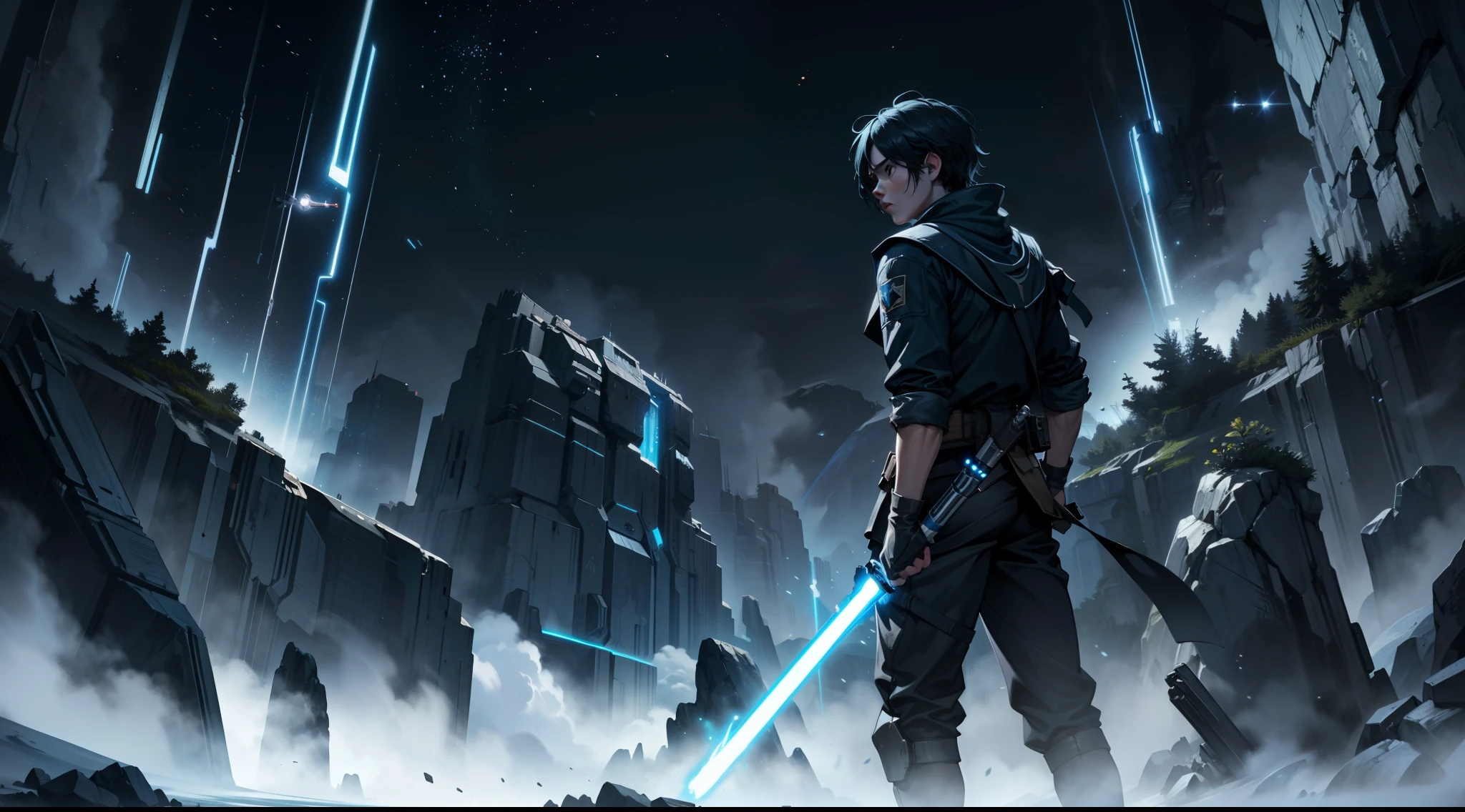 A Jedi Knight is fighting in a pitched battle with his blue lightsaber on an alien planet, ACTION SCENE, cinematic scenery, panoramic view, light particles around, ultra definition, very high resolution, 8k, volumetric light, dynamic composition, intricate details, masterpiece