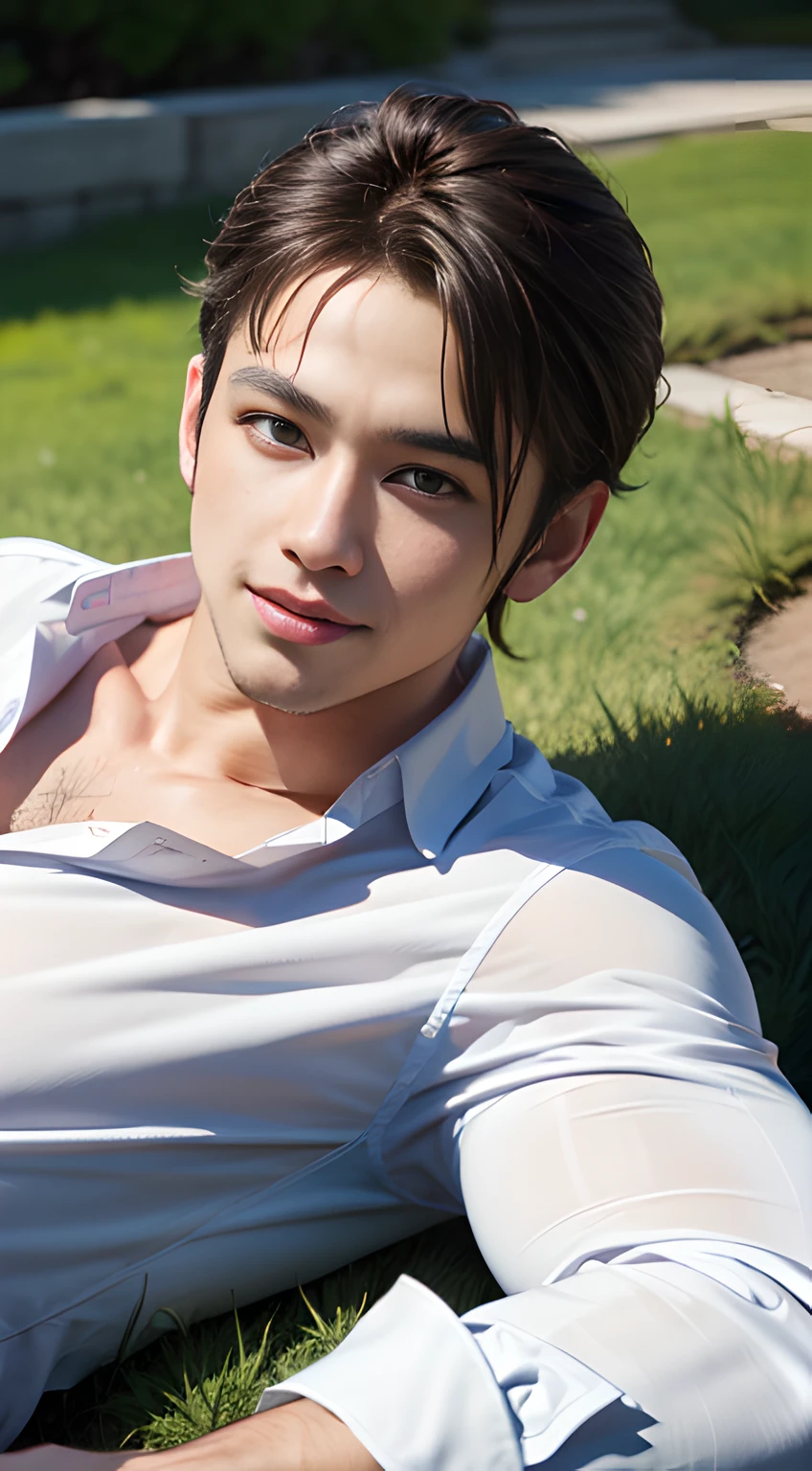 ((Men only)), (head shot), (lying down on the lawn), (tanned skin), (handsome muscular man in his 20s), (on the lawn in the park), (Chris Redfield), (showing his abs), (wearing dress shirt), (Mischievous smile), (detaile: 1 in 1), Natural muscles, HIG quality, beautidful eyes, (Detailed face and eyes), (Face、: 1 / 2), Noise, Real Photographics、... .................................................................................................................PSD, Sharp Focus, High resolution 8K, realisitic & Professional Photography, 8K UHD, Soft lighting, High quality, Film grain, FujifilmXT3