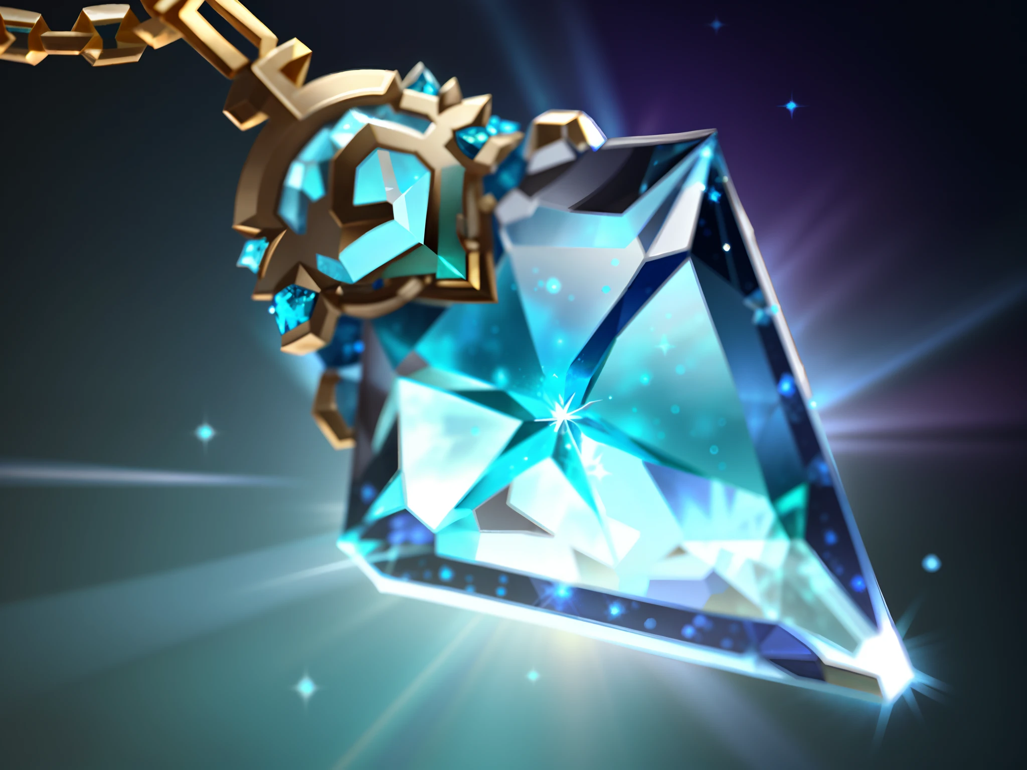 Close-up of blue crystal with gold chain, frost gem, dazzling gem in the hilt, crystalline skin, Crystal Shard, made of crystalized synapse, artifact dota2, infinite crystal ascent, ashes crystal, Crystalline!!, selling a gem, league of legends inventory item, made of diamond, ability image, Glowing sparkling crystals