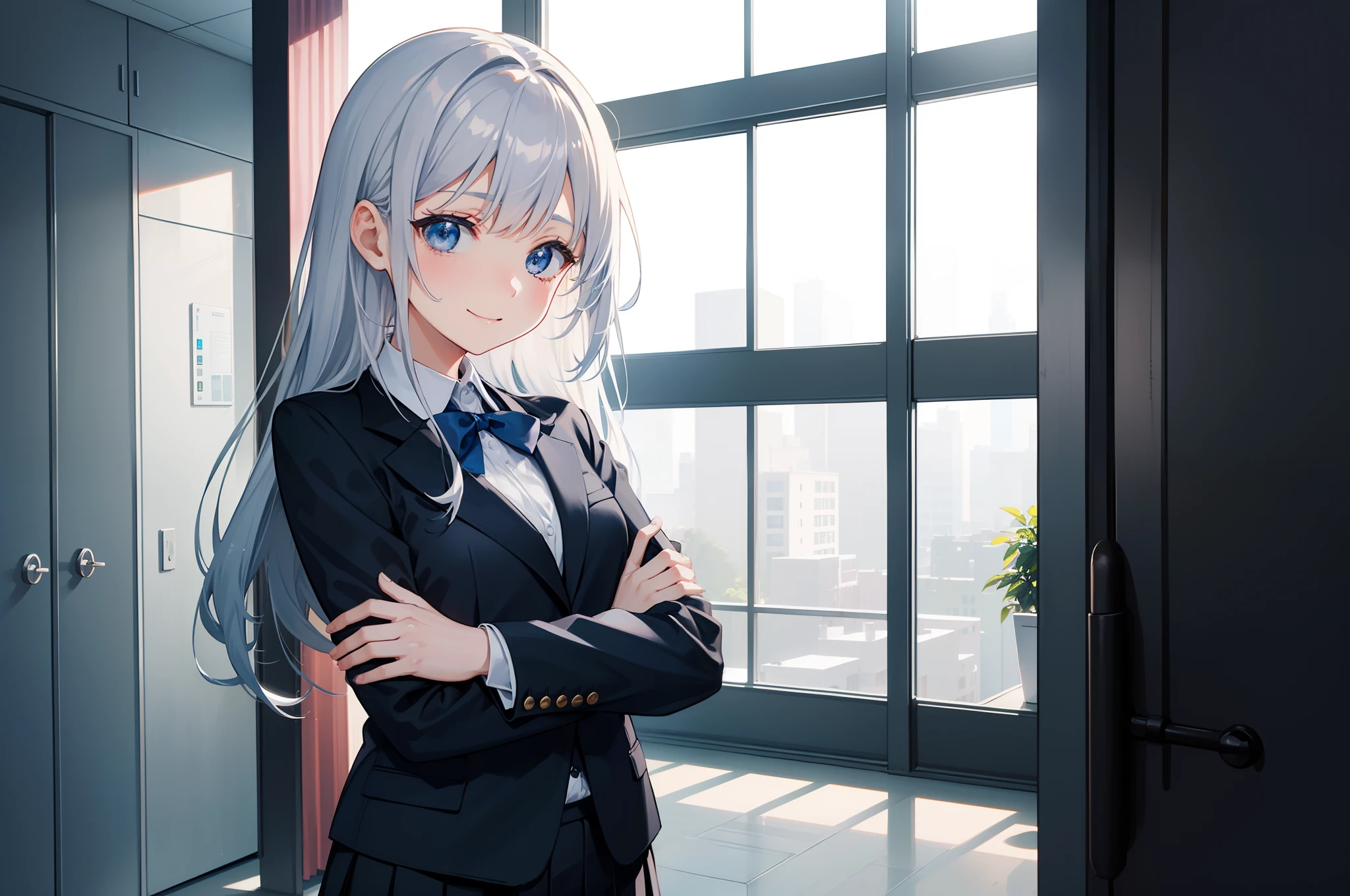 s Office、hallway、(((Hold your Tablet PC with both hands)))、(arms folded,)、Standing Girl、(Anime girl laughing facing this side)、20yr old、Upper body, mid-shot,(front facing)、 femele, Detailed eyes, Semi-long hair, Silver hair、 Bangs,Dark blue business suit、white shirt、pleatedskirt、Long sleeves,、frontage、A smile