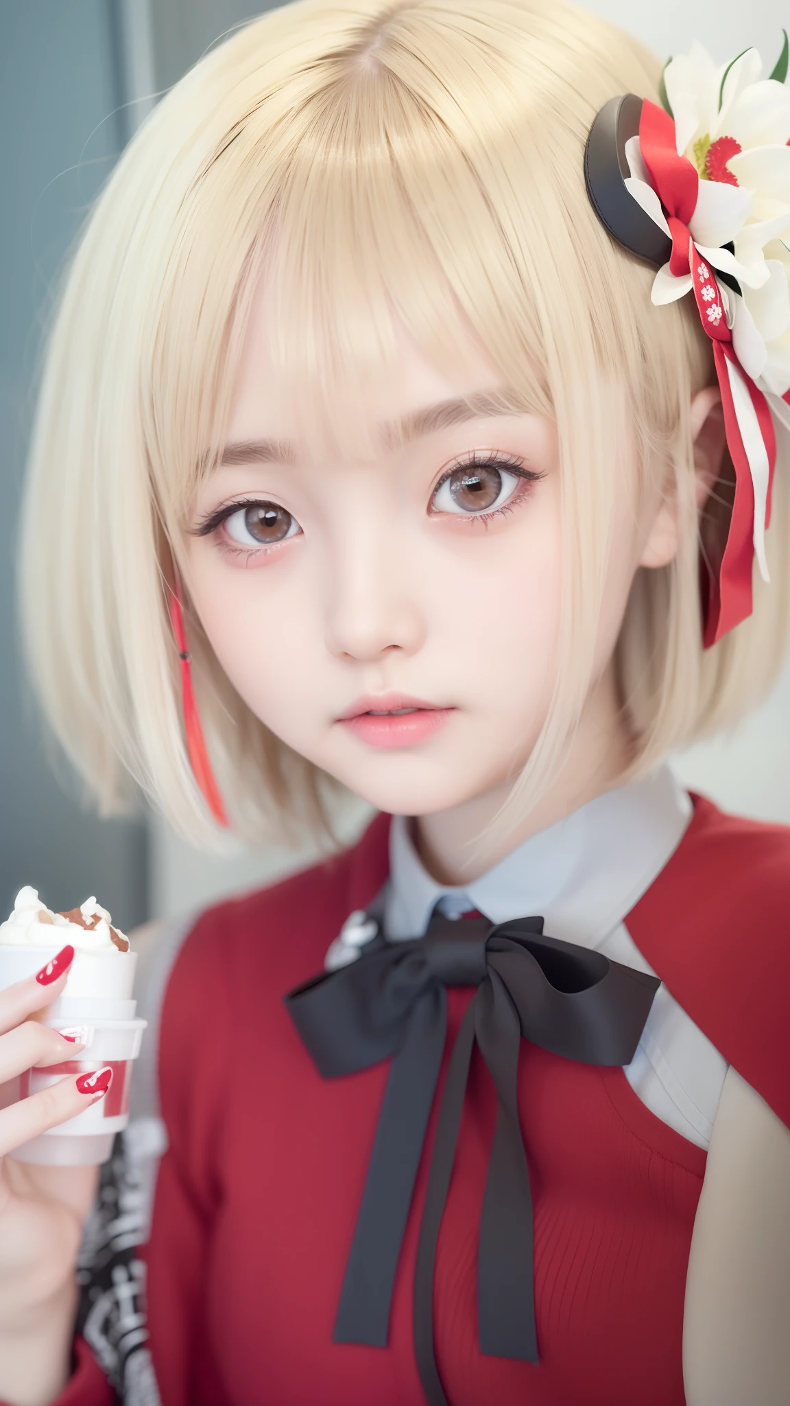 1girl, chisato, cute, red brown eyes, short cream hair, beautiful, attribute red black white, good, realistis, ultra detail,
