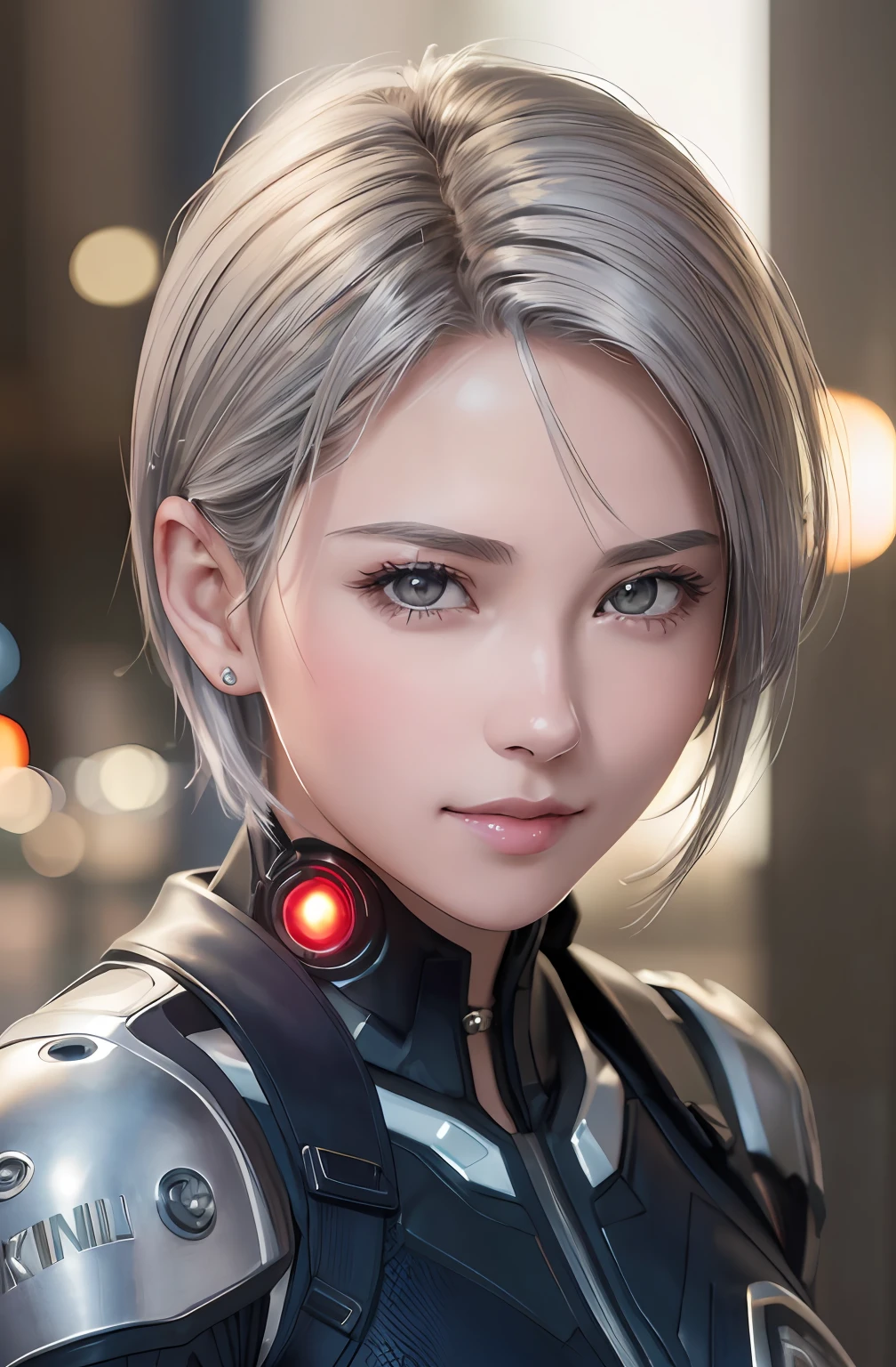 (8k, photorealistic, RAW photo, top quality: 1.4), (1girl), super beautiful, (realistic face), (boyish, silver-colored berry short hair), beautiful cyberpunk suit, glares seducing viewer, beautiful expression, beautiful breasts, (realistic skin), beautiful smile, (soldier), attractive, ultra high resolution, ultra realistic, high definition, spoiled
