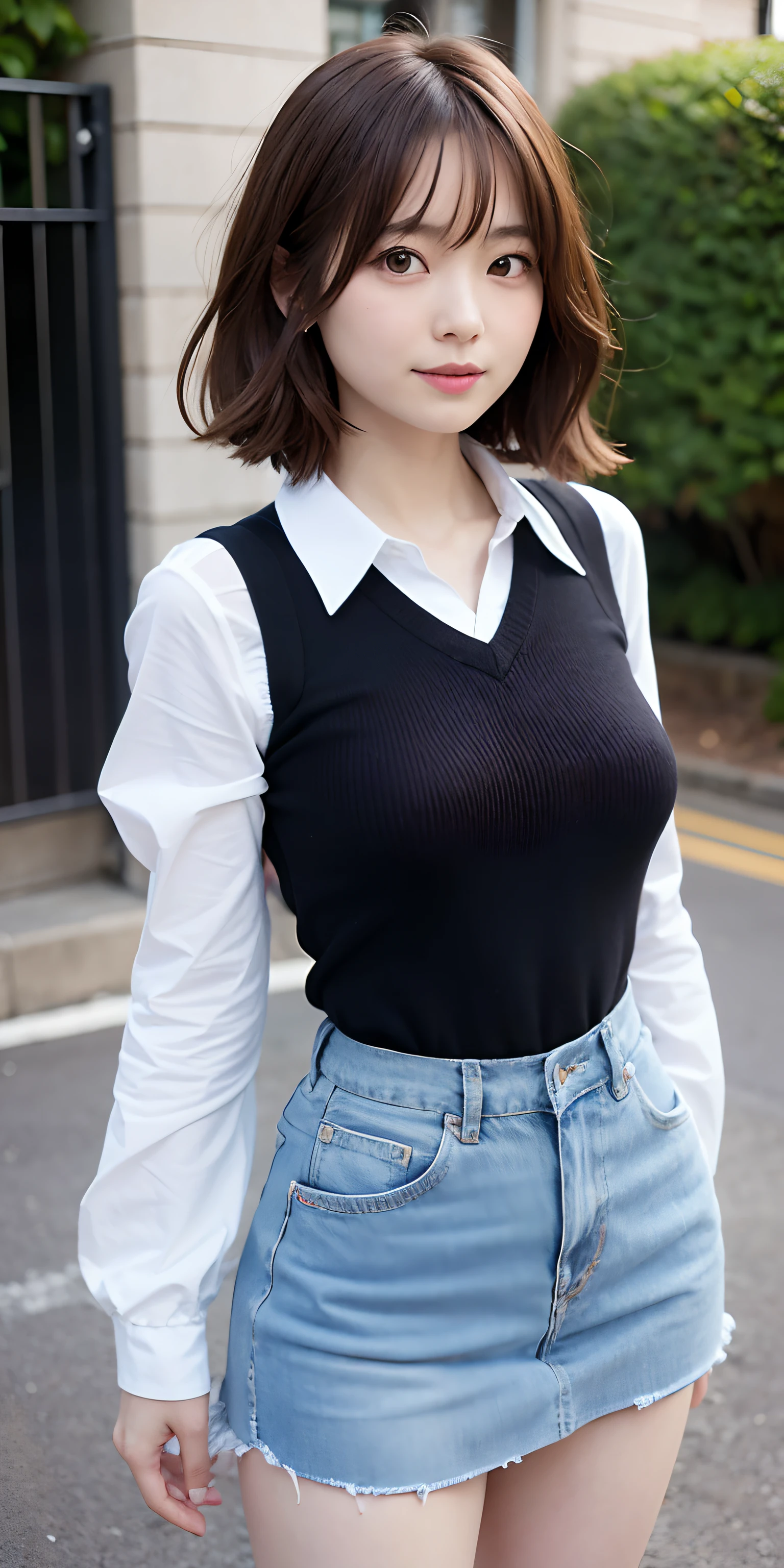 (masterpiece:1.2, highest quality), (realistic, photorealistic:1.4), beautiful illustrations, (natural side lighting, movie lighting), Depth of written boundary,
looking at the viewer, Front view, 1 girl, English, high school girl, 18 years old, perfect face, Cute symmetrical face, shiny skin, open legs,
(bob hair:1.7,blonde), asymmetrical bangs, Big eyes, droopy eyes, long eyelashes chest), thin,
beautiful hair, beautiful face, fine and beautiful eyes, beautiful clavicle, beautiful body, beautiful breasts, beautiful thighs, beautiful feet, beautiful fingers,
((fine fabric texture, brown knit vest, short sleeve white collar shirt, navy pleated skirt, Navy bow tie)),
(beautiful scenery), evening, (Inside the flower shop), Are standing, (smile, Upper grade, open your mouth), (((skirt lift, No panties, genitals visible))), full body shot, dark blue socks,